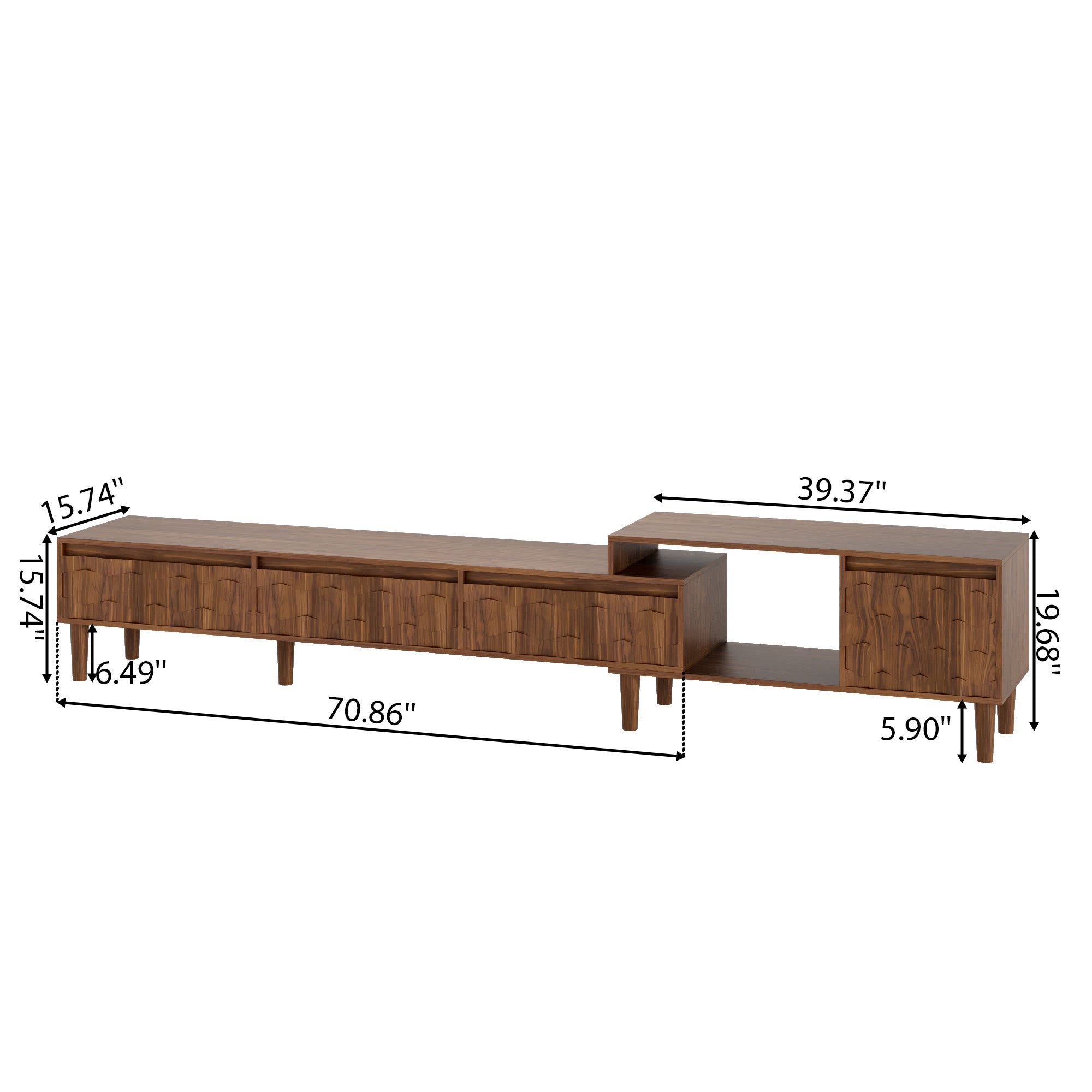 Modern Extendable TV Stand Media Console with Geometric 3D Doors & Open Storage Shelves - image 7