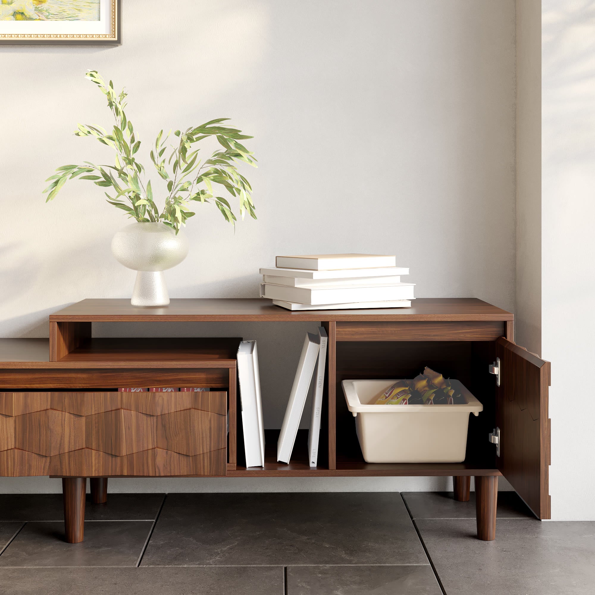 Modern Extendable TV Stand Media Console with Geometric 3D Doors & Open Storage Shelves - image 3