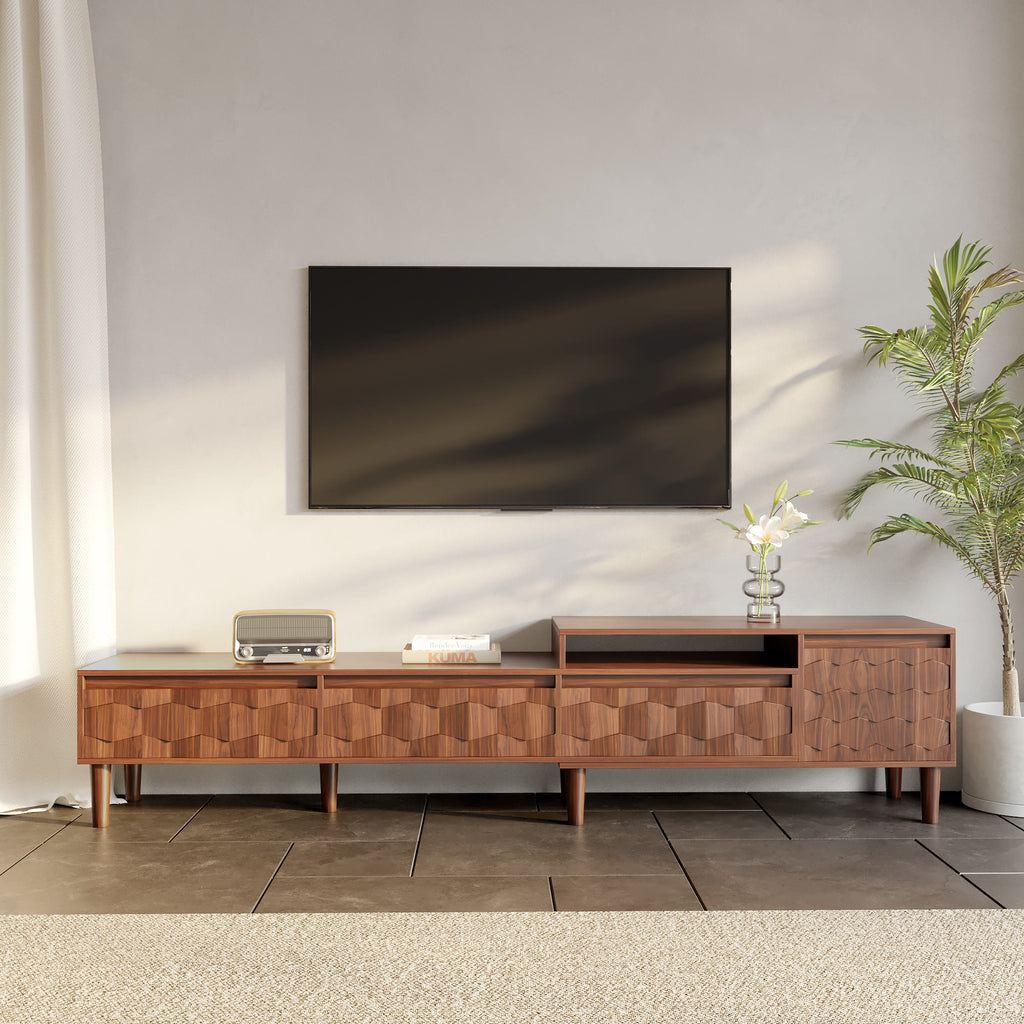 Modern Extendable TV Stand Media Console with Geometric 3D Doors & Open Storage Shelves - image 4