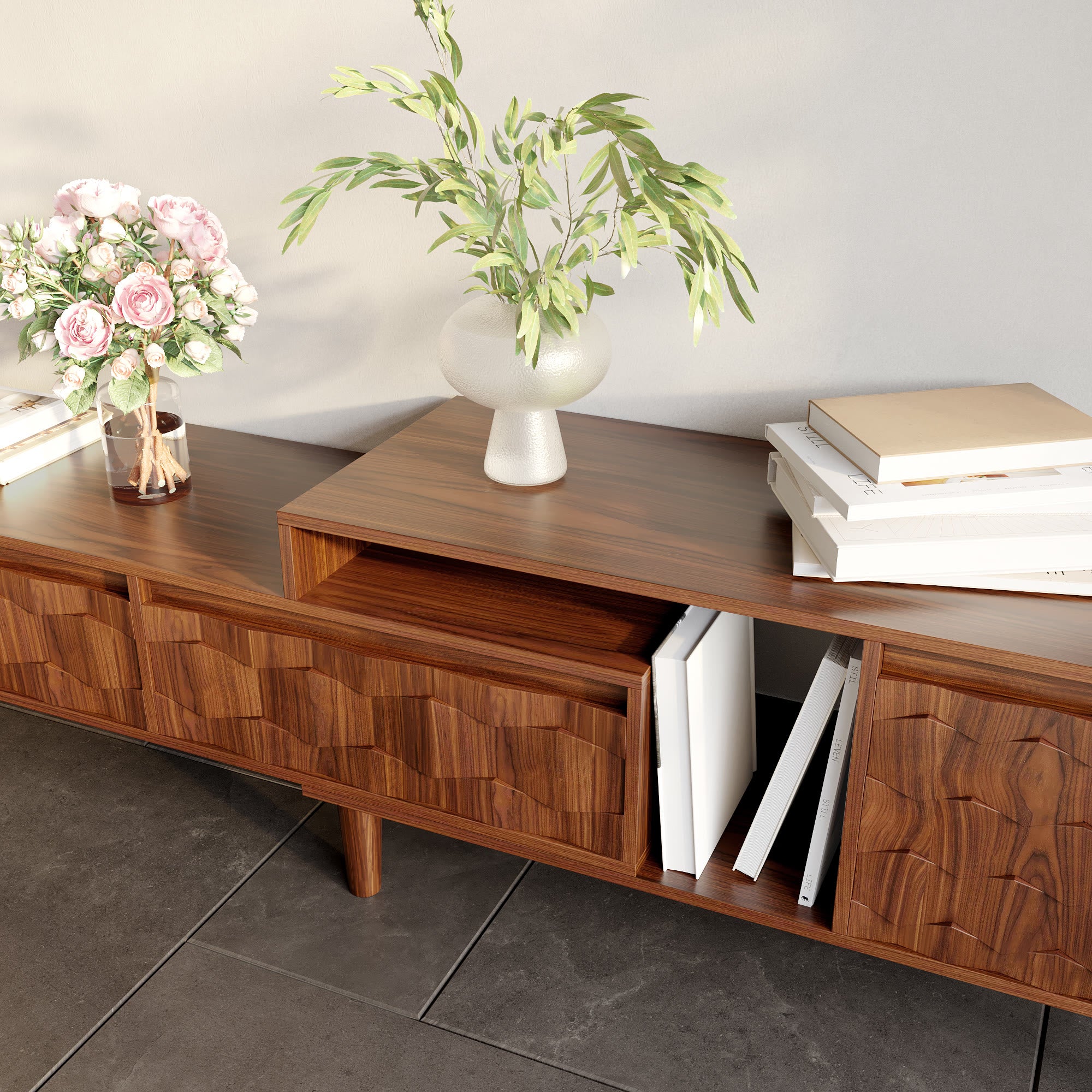 Modern Extendable TV Stand Media Console with Geometric 3D Doors & Open Storage Shelves - image 2