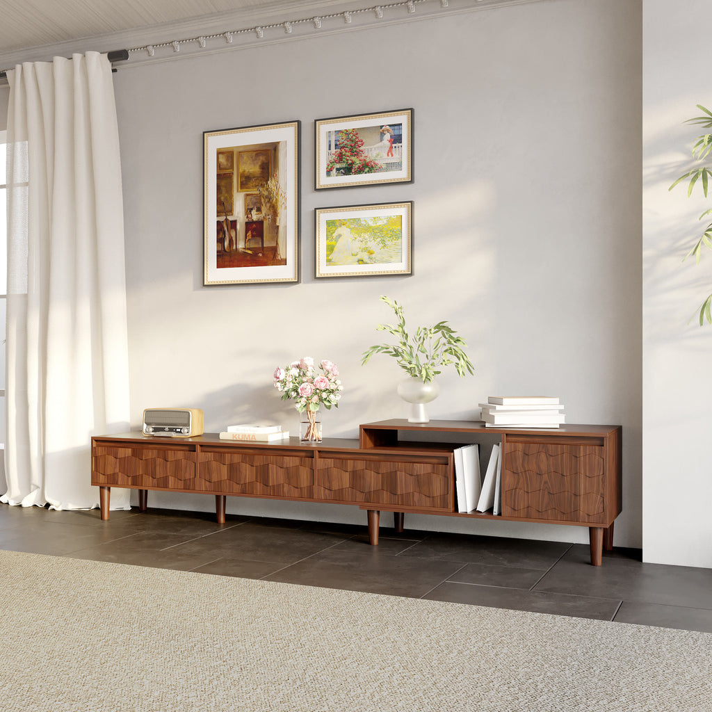 Modern Extendable TV Stand Media Console with Geometric 3D Doors & Open Storage Shelves - Walnut - image 0