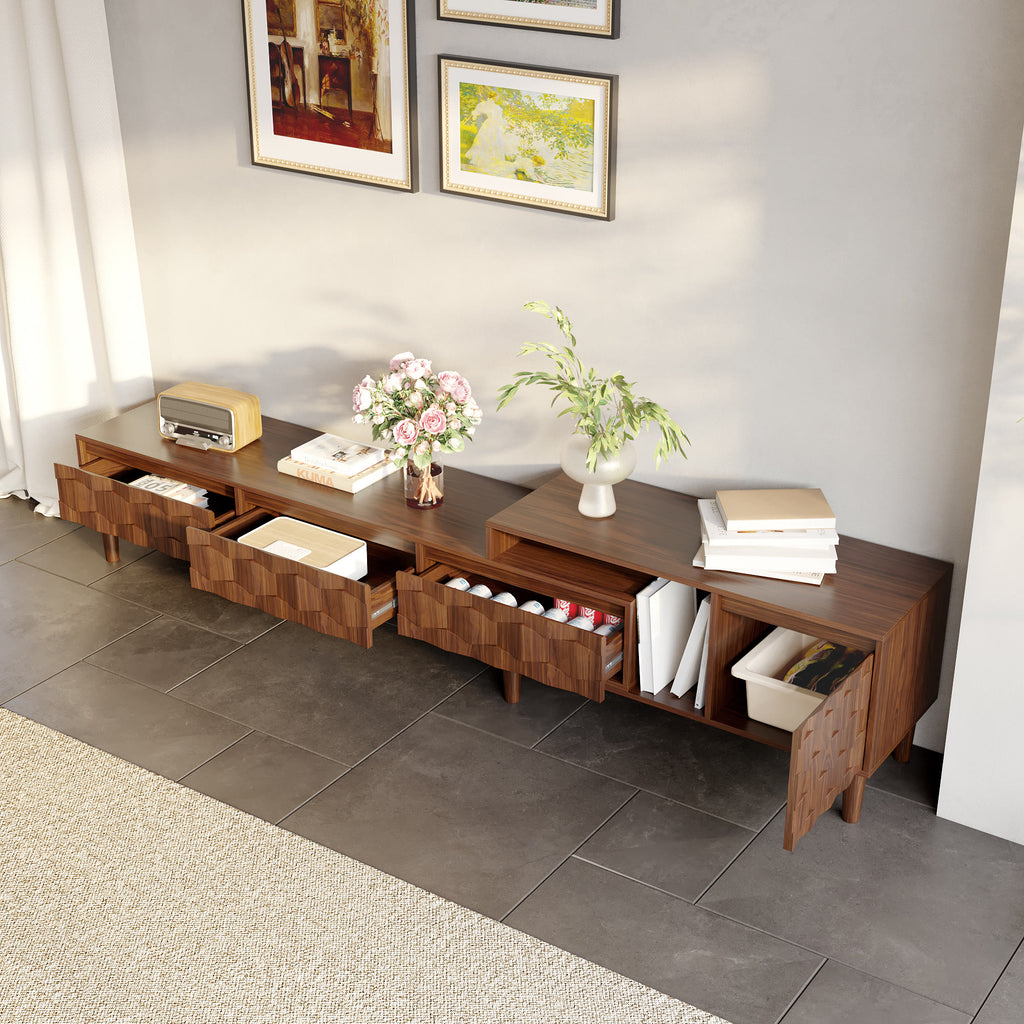 Modern Extendable TV Stand Media Console with Geometric 3D Doors & Open Storage Shelves - image 6