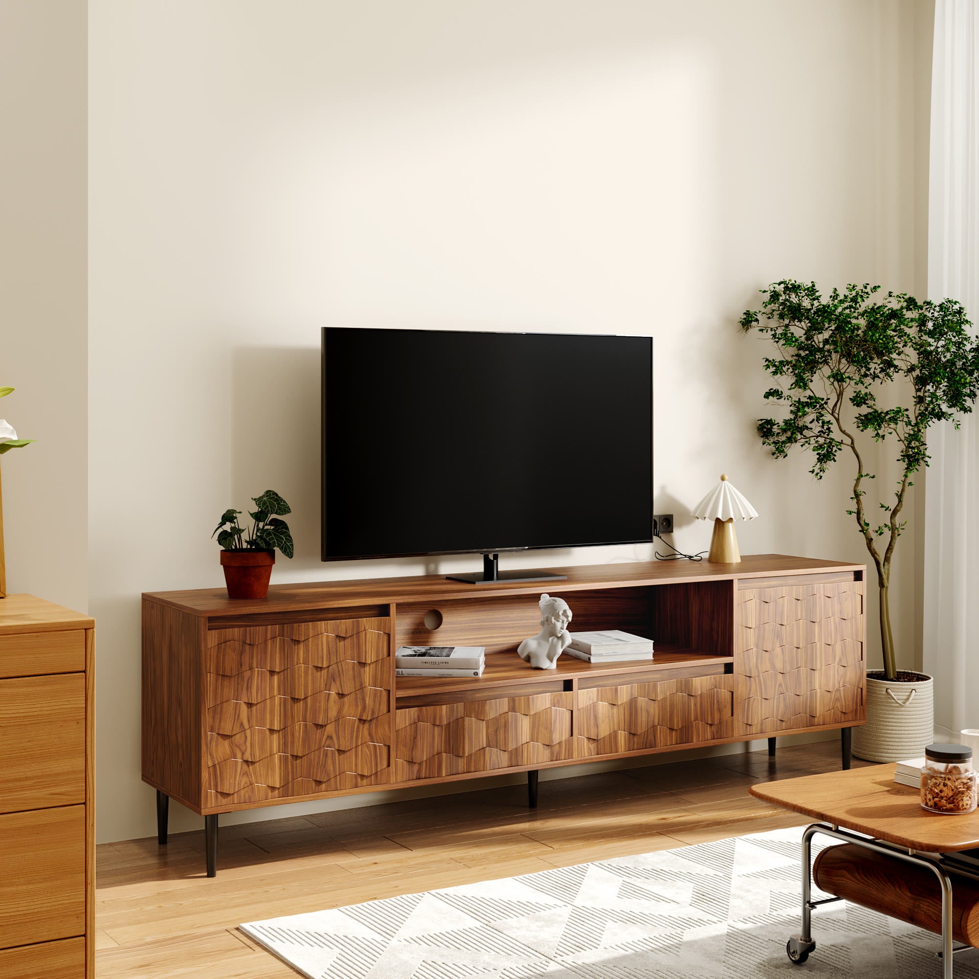 Ulita 78'' Fluted TV Stand Mid-Century Modern Media Console with Storage Cabinets and Open Shelves - Walnut - image 0