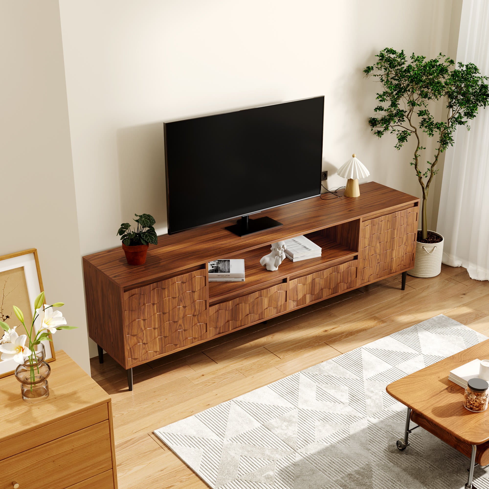 Ulita 78'' Fluted TV Stand Mid-Century Modern Media Console with Storage Cabinets and Open Shelves - image 5