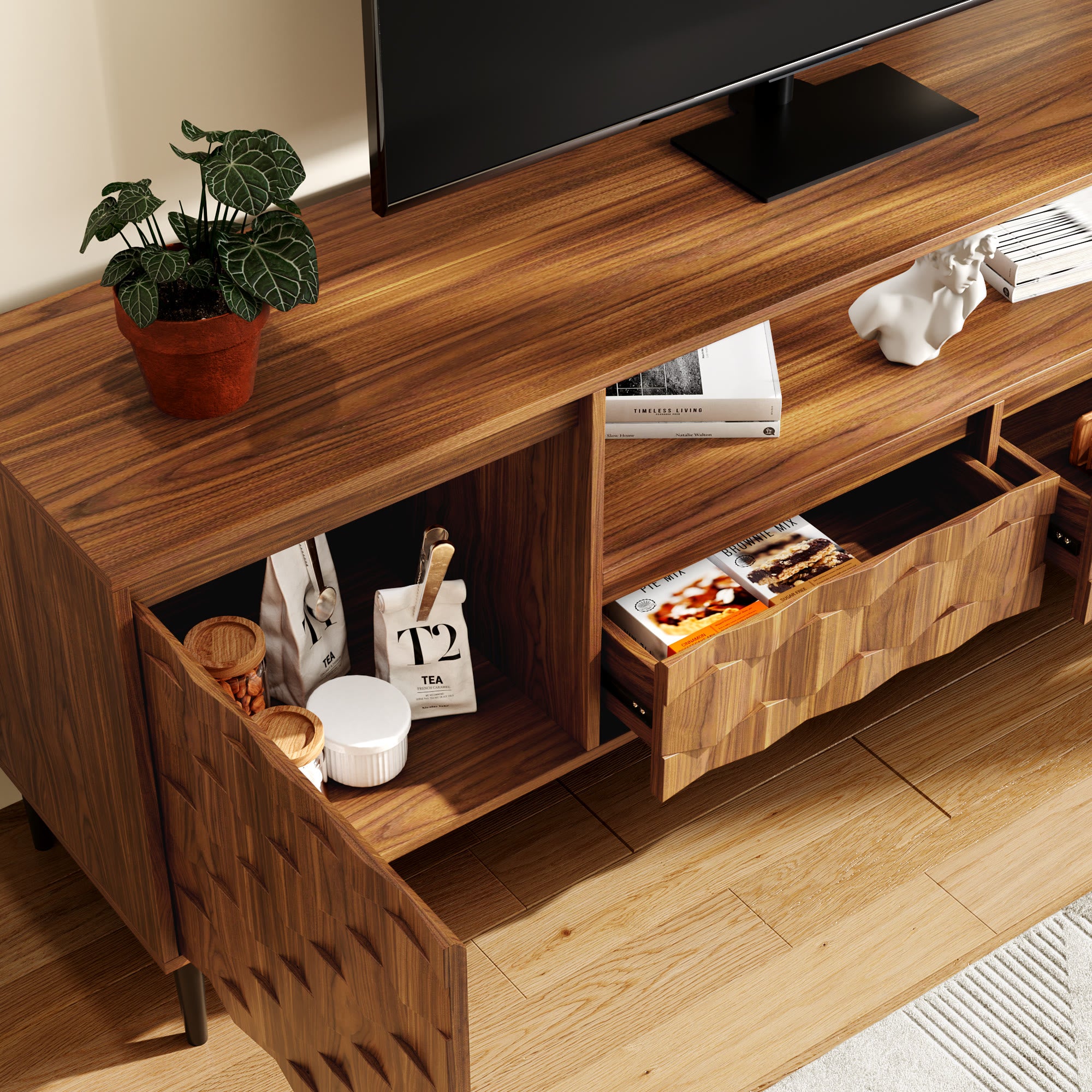 Ulita 78'' Fluted TV Stand Mid-Century Modern Media Console with Storage Cabinets and Open Shelves - image 3