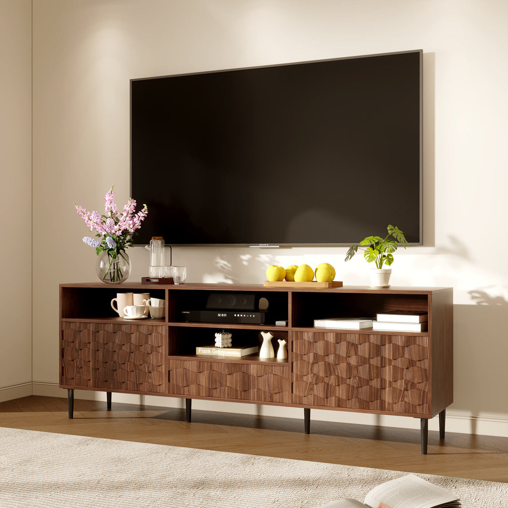 Ulita 70'' Fluted TV Stand Mid-Century Modern Media Console with Storage Cabinets and Open Shelves - Walnut - image 0