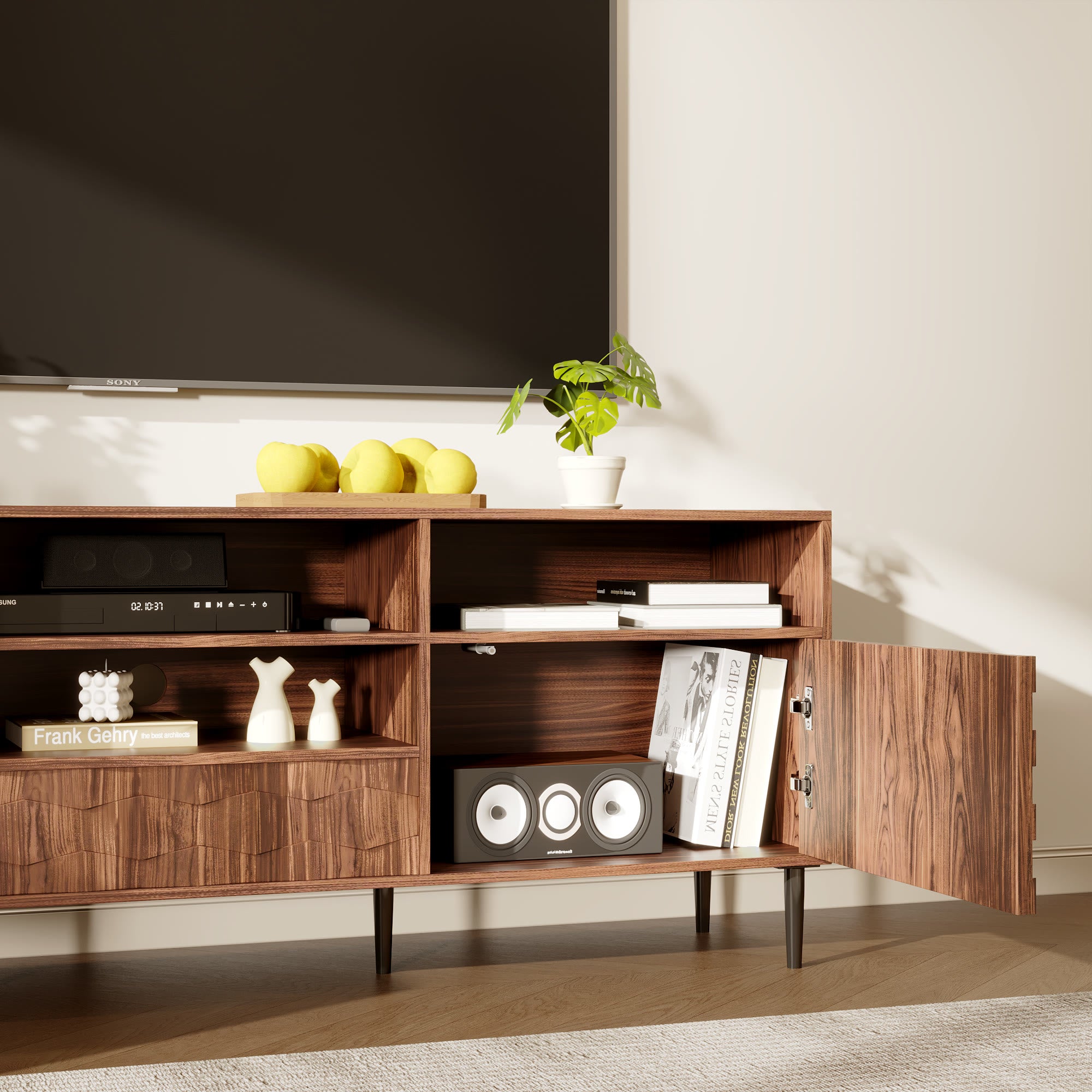 Ulita 70'' Fluted TV Stand Mid-Century Modern Media Console with Storage Cabinets and Open Shelves - image 4