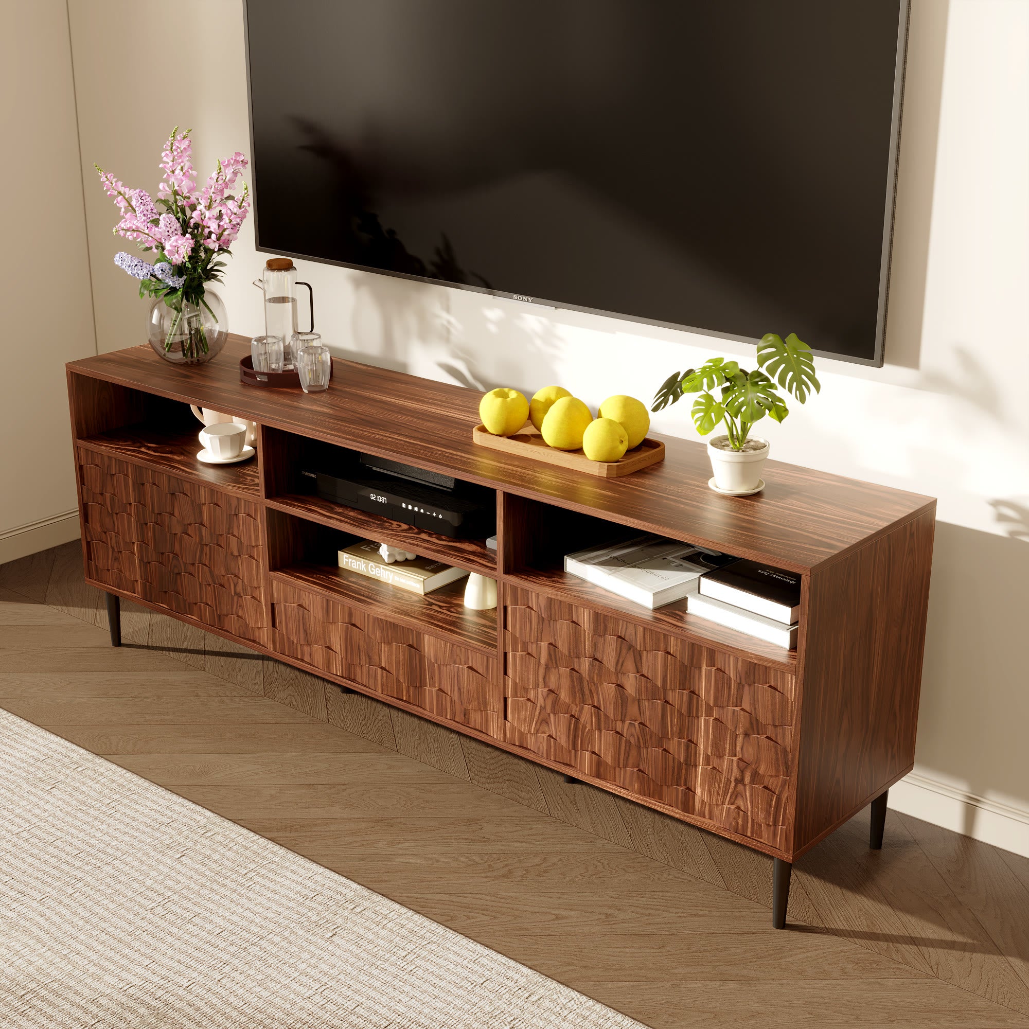 Ulita 70'' Fluted TV Stand Mid-Century Modern Media Console with Storage Cabinets and Open Shelves - image 6