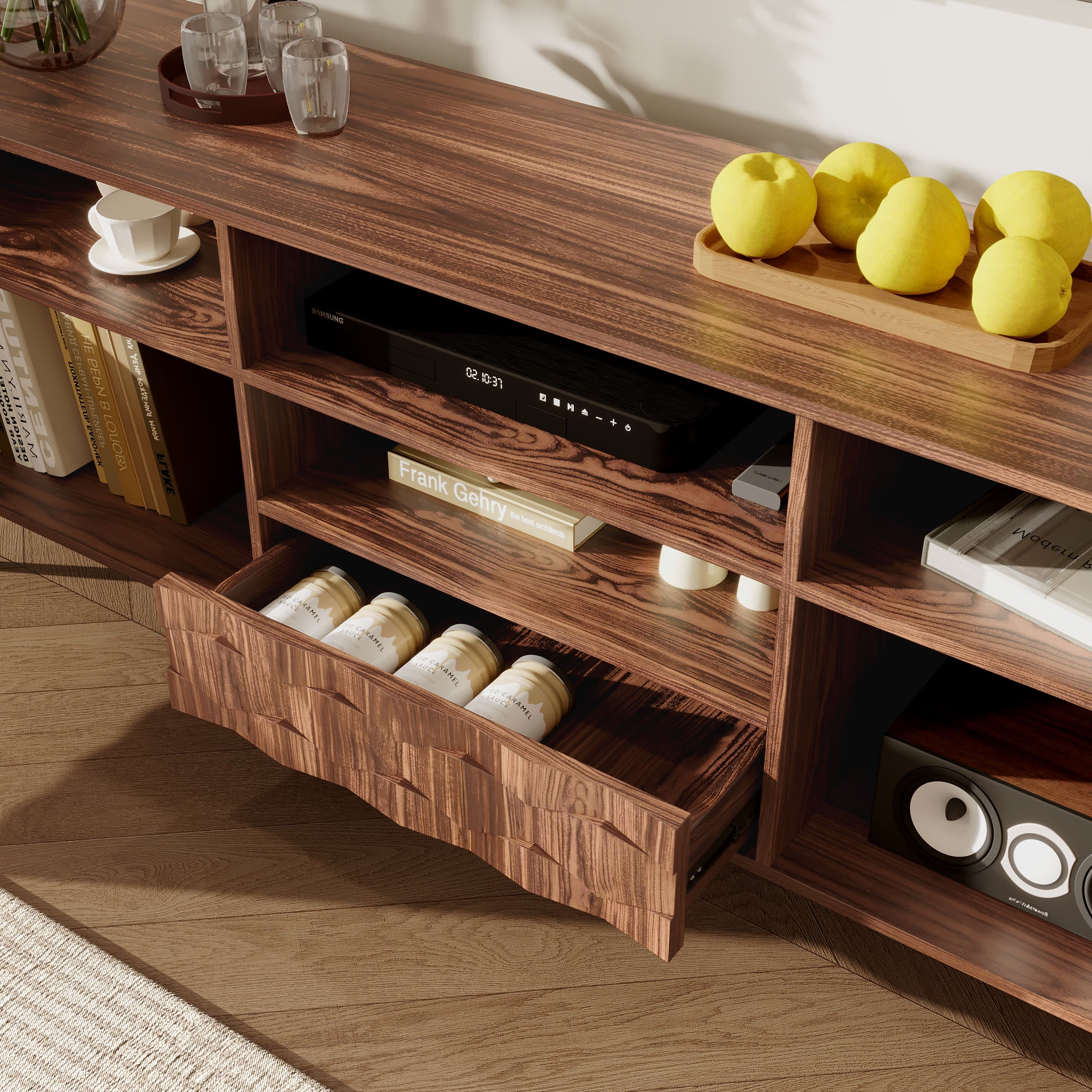 Ulita 70'' Fluted TV Stand Mid-Century Modern Media Console with Storage Cabinets and Open Shelves - image 3