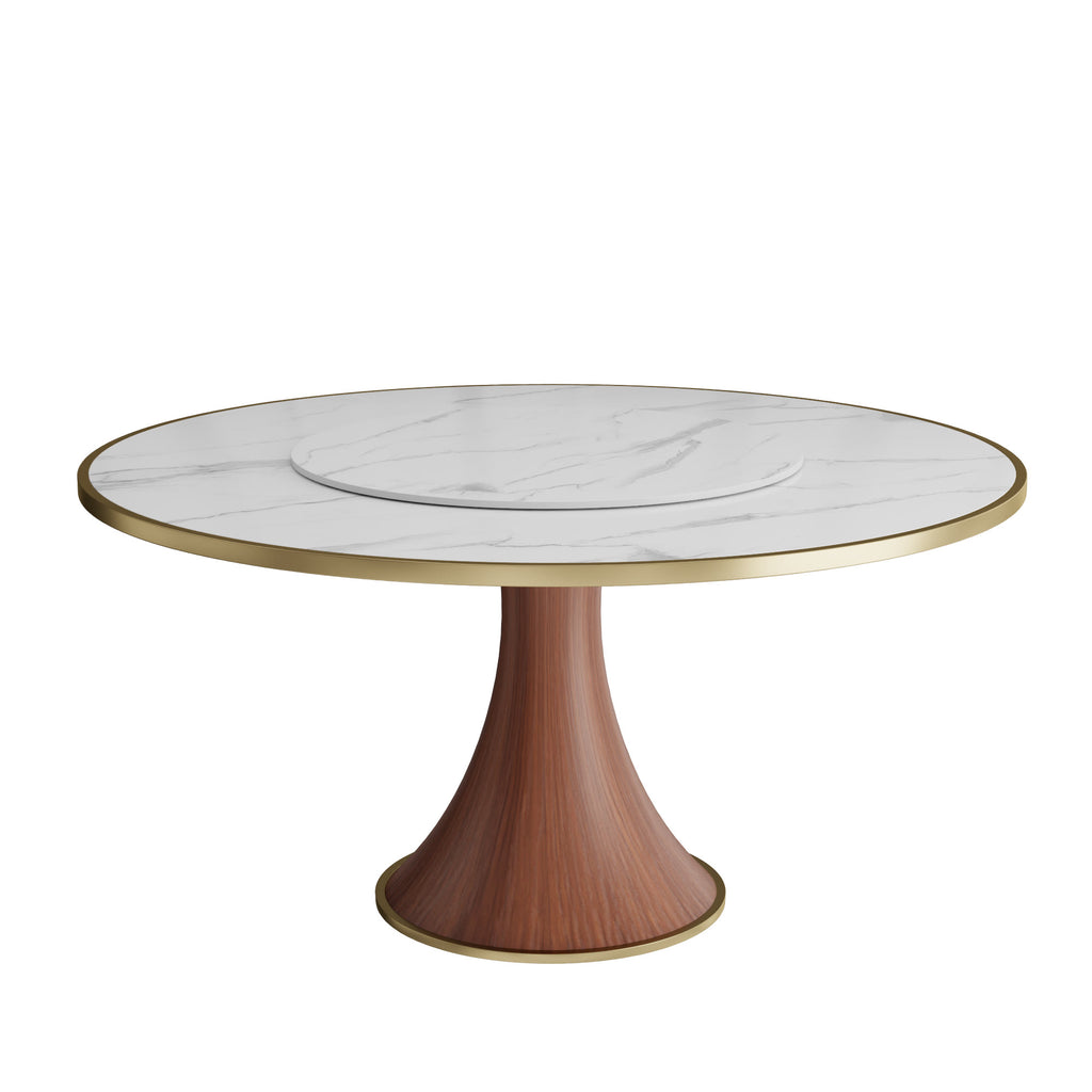Aurelia Solid Wood Pedestal Round Dining Table With White Glossy Stone Top Brass Trimmed & Removable Lazy Susan - image 1