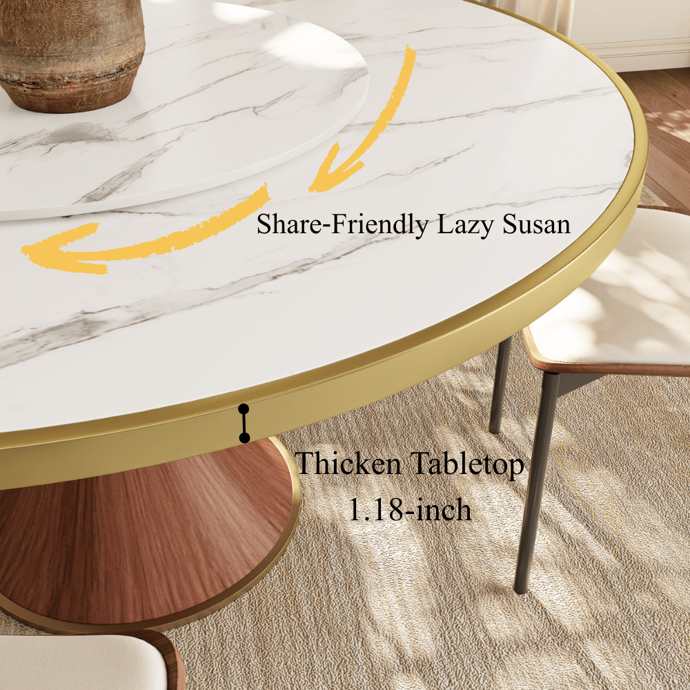 Aurelia Solid Wood Pedestal Round Dining Table With White Glossy Stone Top Brass Trimmed & Removable Lazy Susan - image 3
