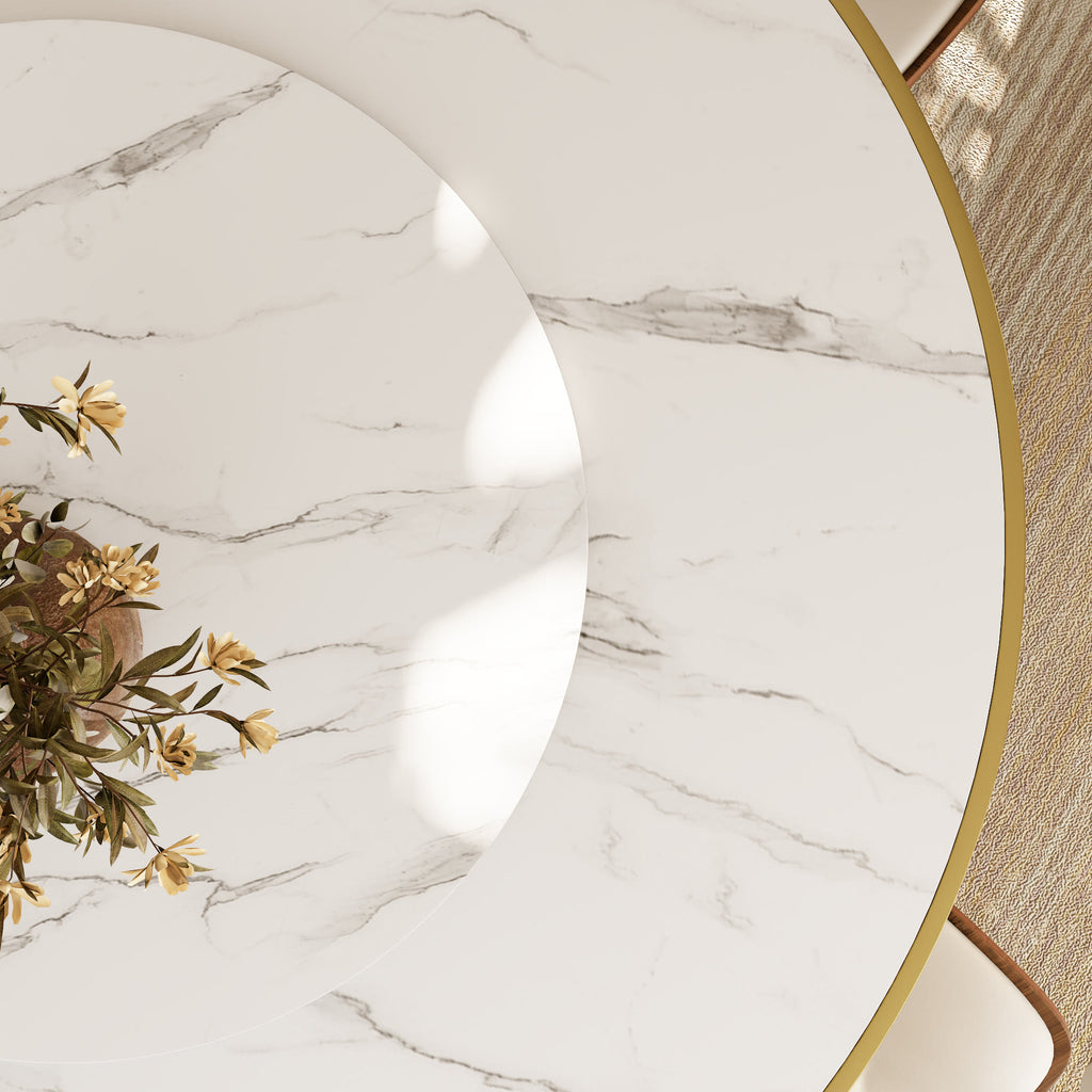 Aurelia Solid Wood Pedestal Round Dining Table With White Glossy Stone Top Brass Trimmed & Removable Lazy Susan - image 8