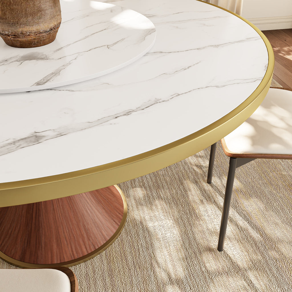 Aurelia Solid Wood Pedestal Round Dining Table With White Glossy Stone Top Brass Trimmed & Removable Lazy Susan - image 2