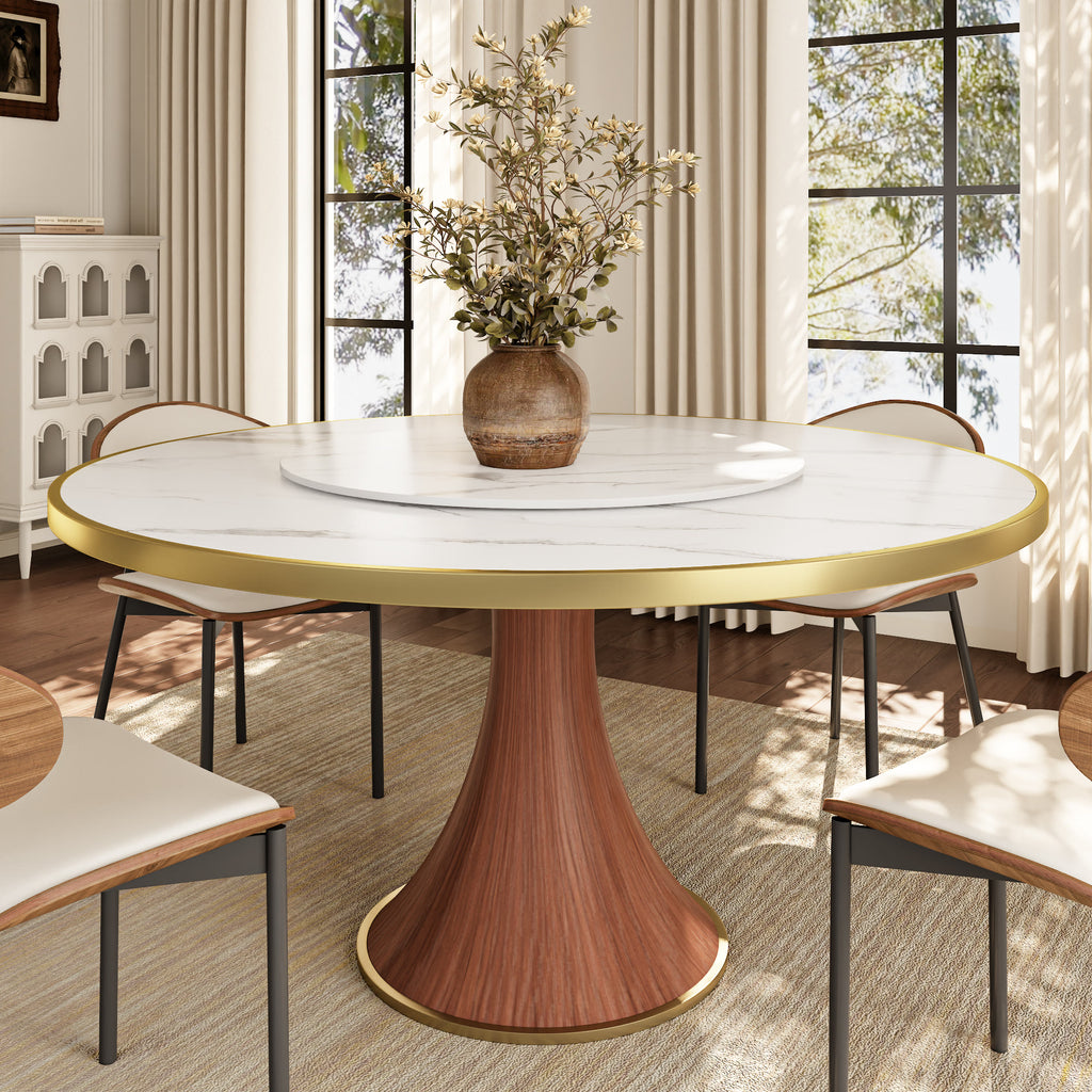 Aurelia Solid Wood Pedestal Round Dining Table With White Glossy Stone Top Brass Trimmed & Removable Lazy Susan - 59.05'' W X 59.05'' D X 29.53'' H - image 0