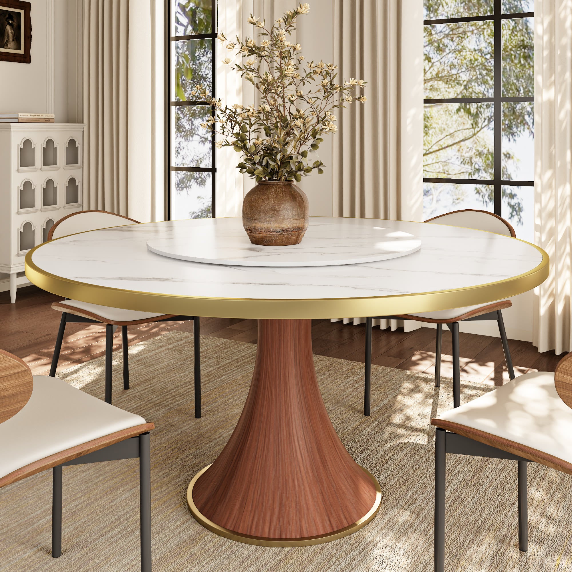 Aurelia Solid Wood Pedestal Round Dining Table With White Glossy Stone Top Brass Trimmed & Removable Lazy Susan - 59.05'' W X 59.05'' D X 29.53'' H - image 0