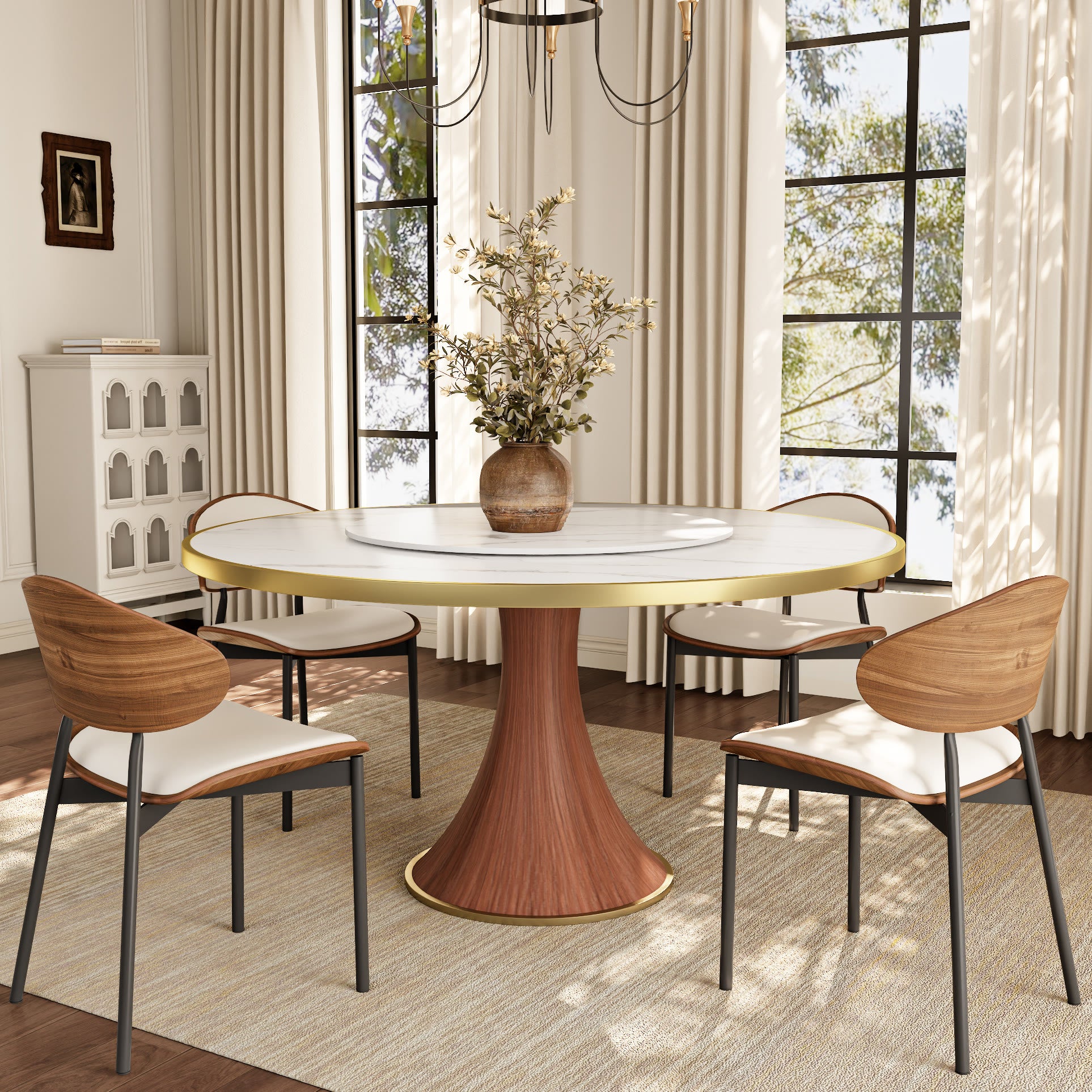 Aurelia Solid Wood Pedestal Round Dining Table With White Glossy Stone Top Brass Trimmed & Removable Lazy Susan - image 4
