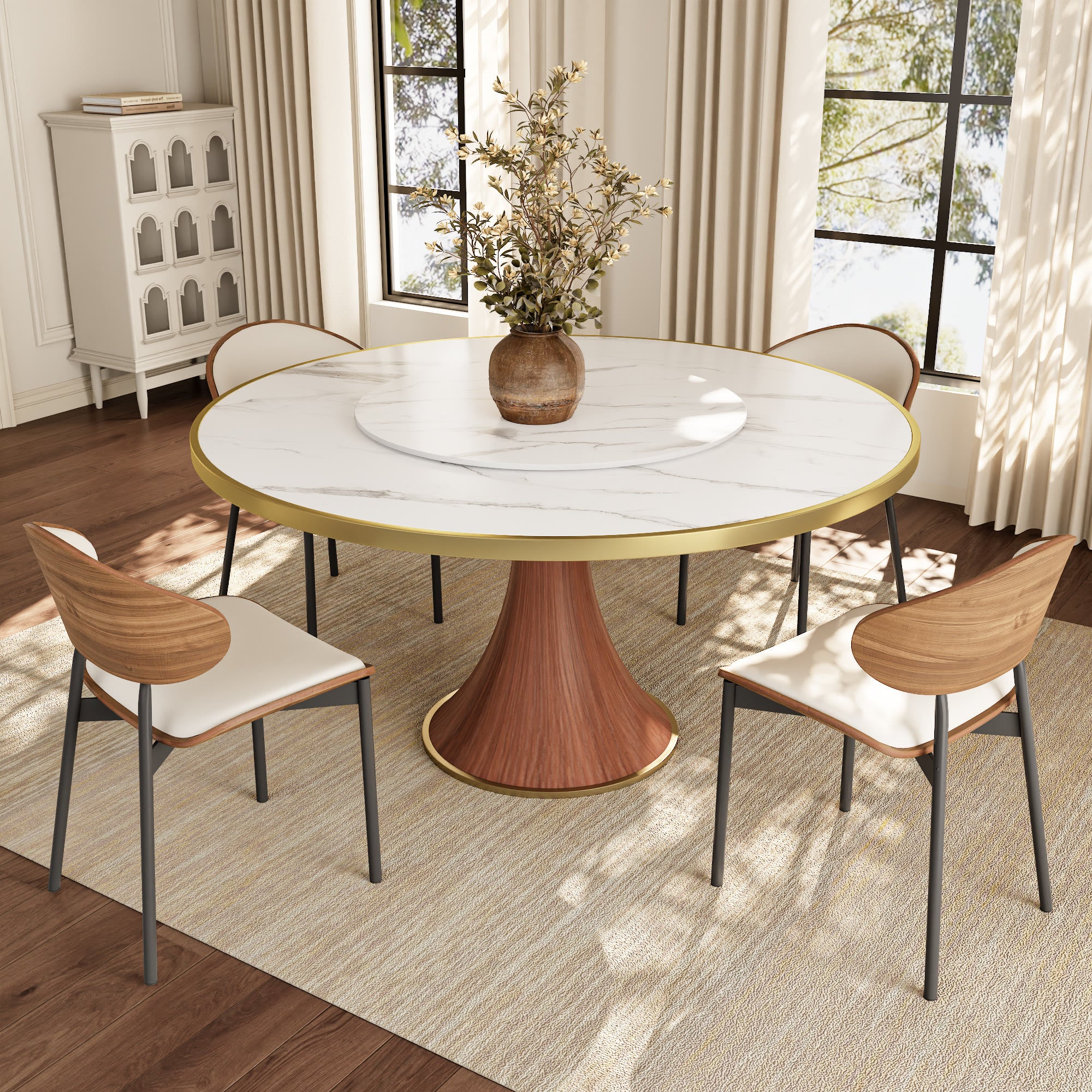 Aurelia Solid Wood Pedestal Round Dining Table With White Glossy Stone Top Brass Trimmed & Removable Lazy Susan - image 5