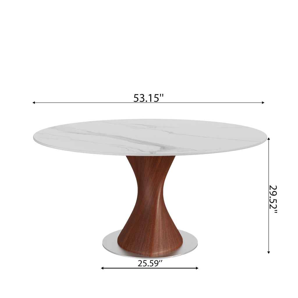 Verona Red Walnut Solid Wood Pedestal Round Dining Table With White Glossy Stone Top - image 6