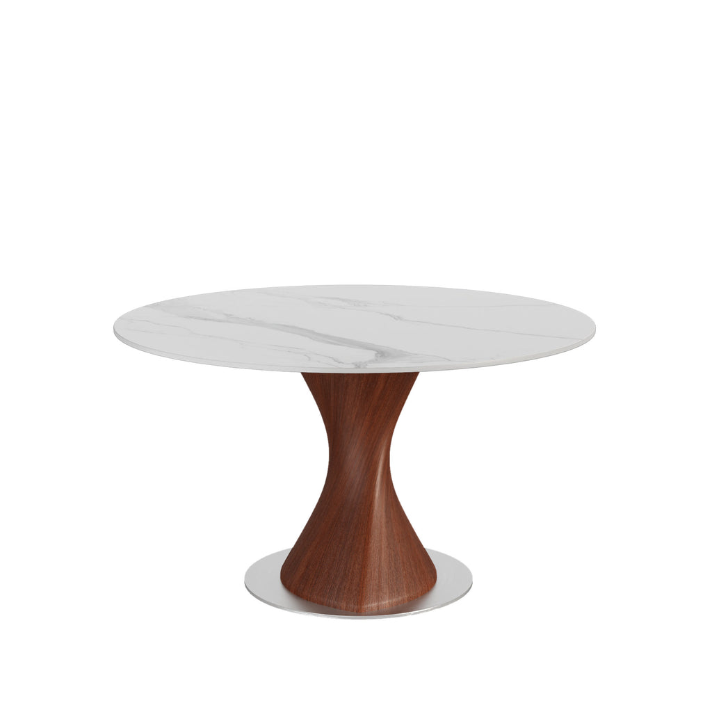 Verona Red Walnut Solid Wood Pedestal Round Dining Table With White Glossy Stone Top - image 1