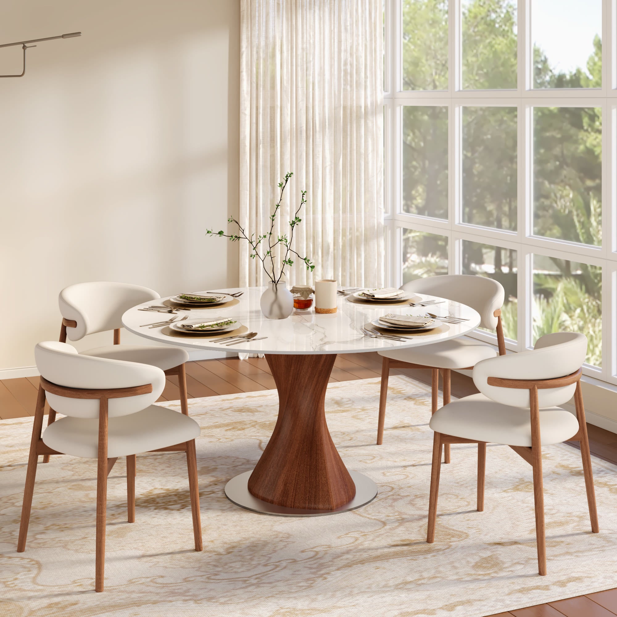 Verona Red Walnut Solid Wood Pedestal Round Dining Table With White Glossy Stone Top - image 4