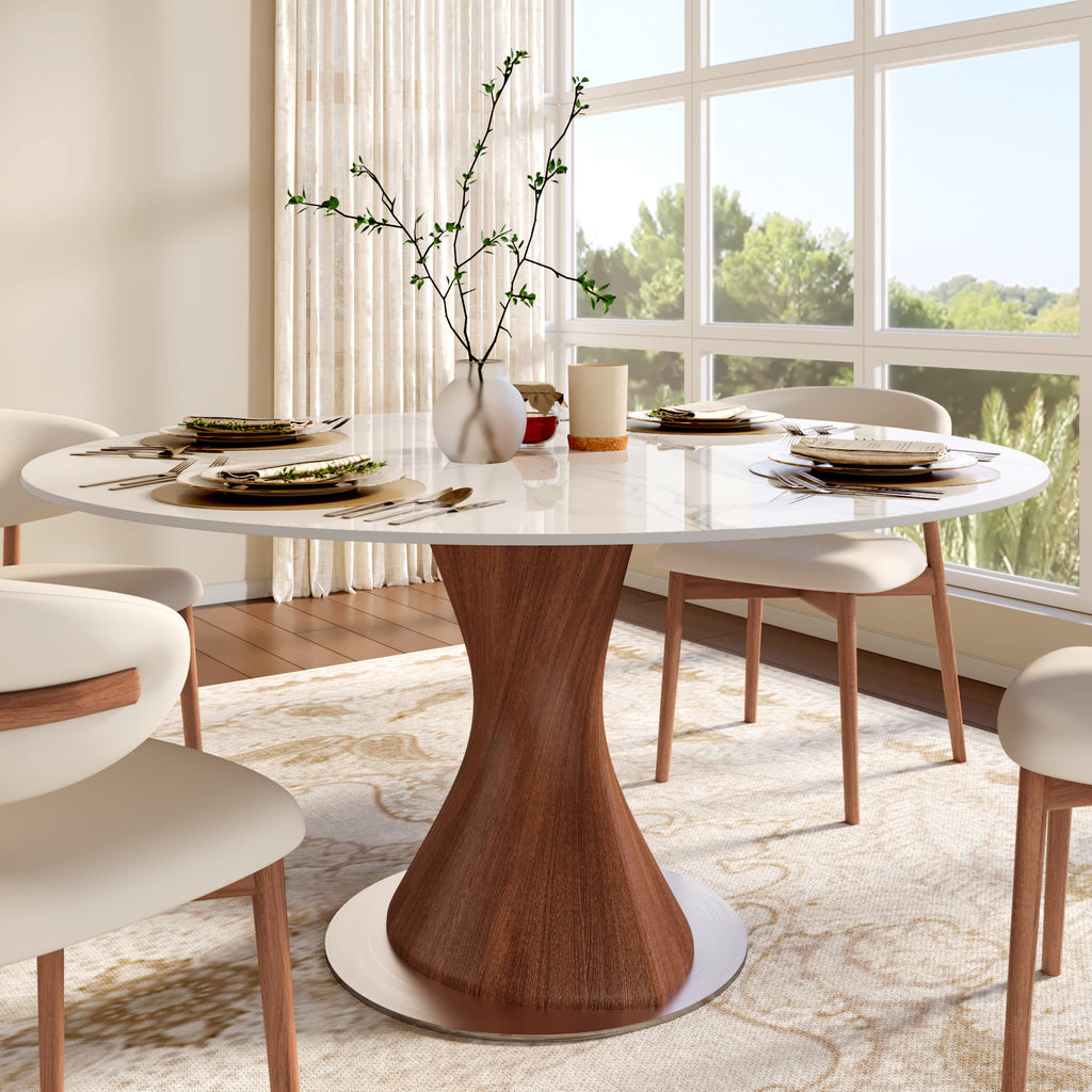 Verona Red Walnut Solid Wood Pedestal Round Dining Table With White Glossy Stone Top - 59.05'' W X 59.05'' D X 29.53'' H - image 0