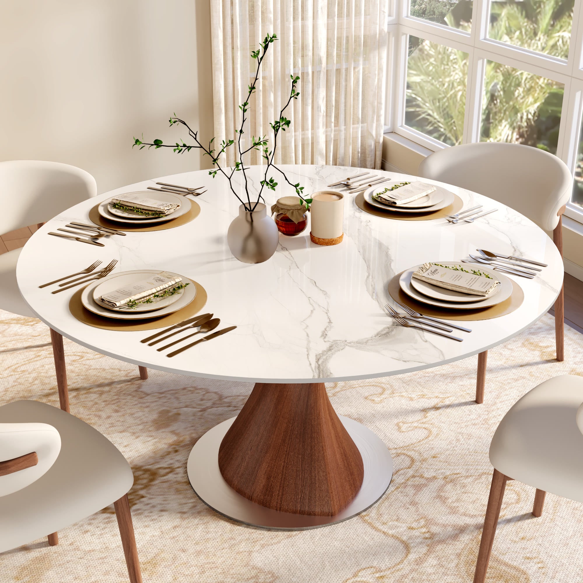 Verona Red Walnut Solid Wood Pedestal Round Dining Table With White Glossy Stone Top - image 3