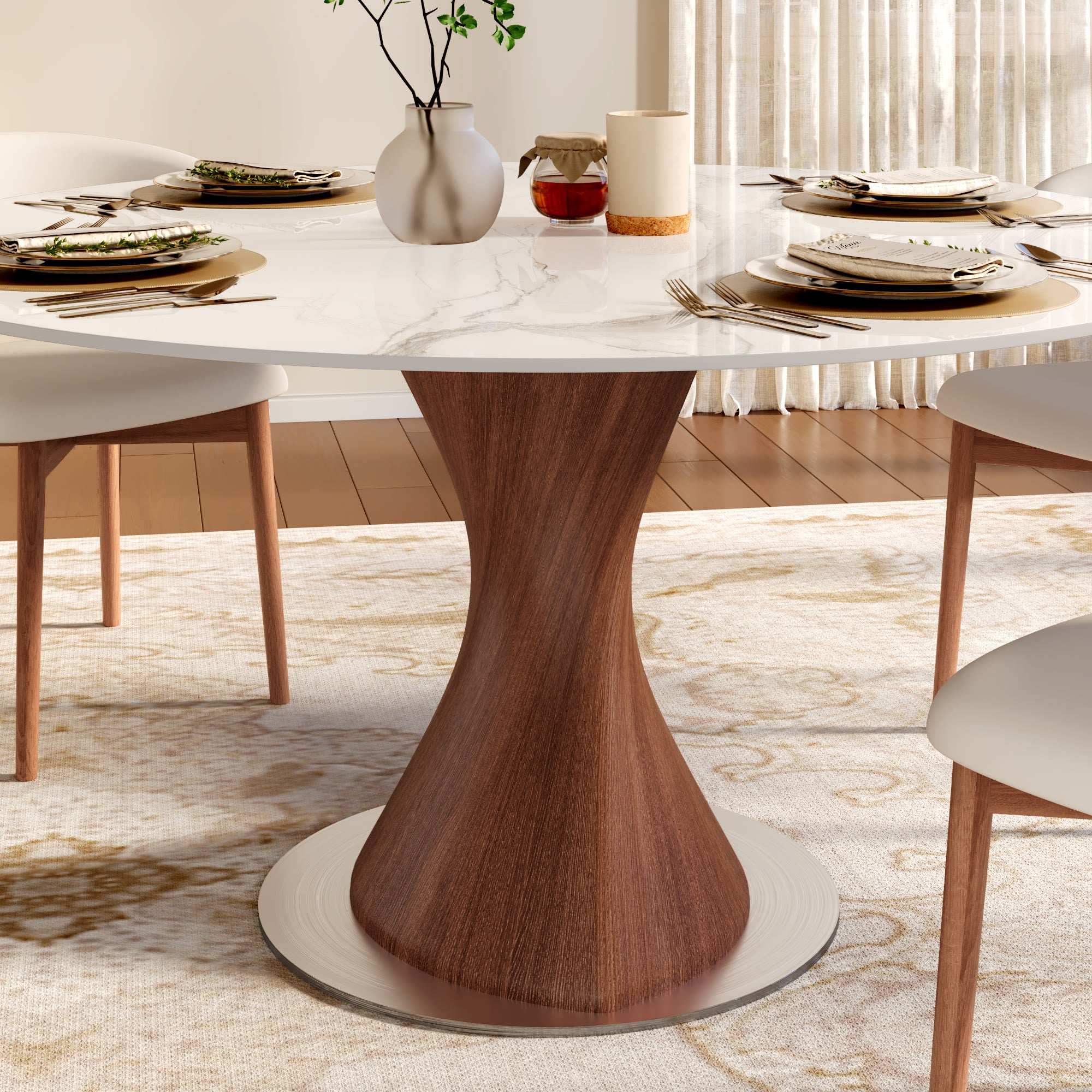 Verona Red Walnut Solid Wood Pedestal Round Dining Table With White Glossy Stone Top - image 2
