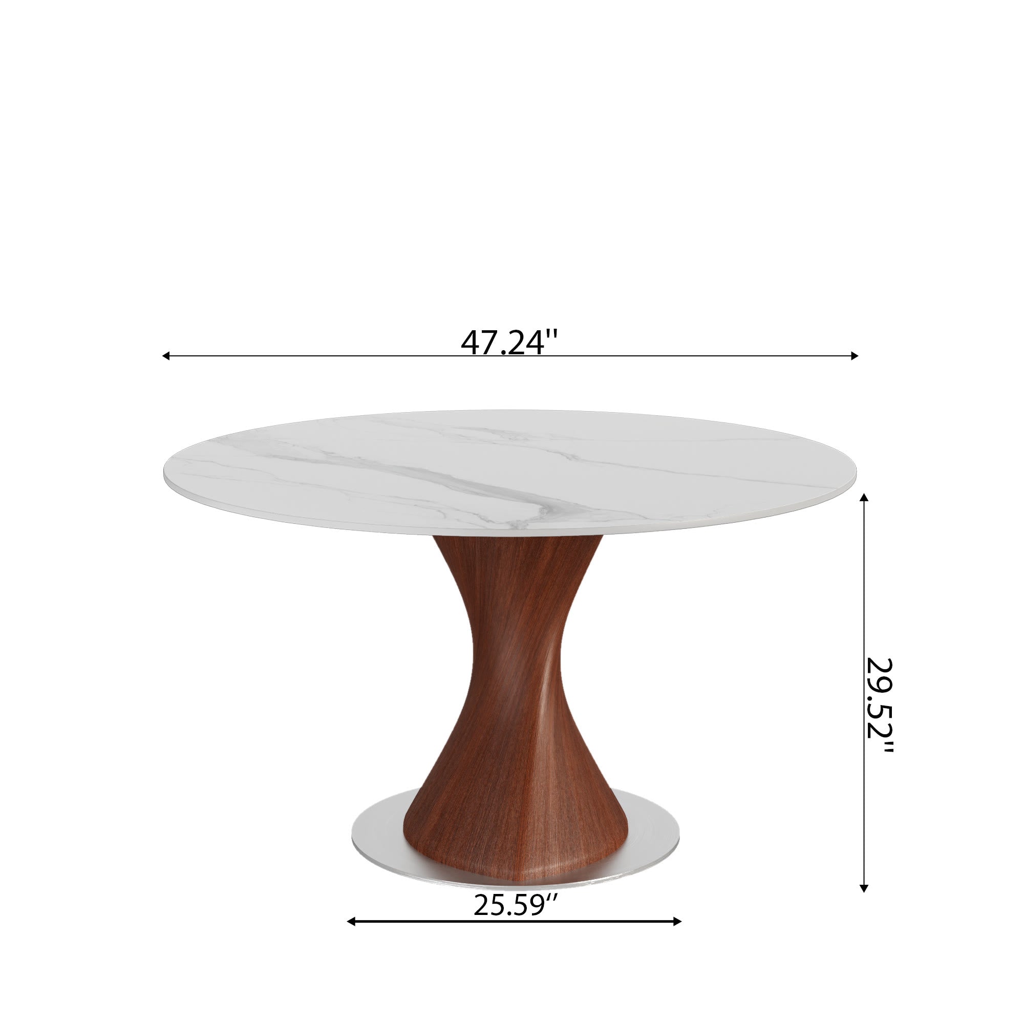 Verona Red Walnut Solid Wood Pedestal Round Dining Table With White Glossy Stone Top - image 5