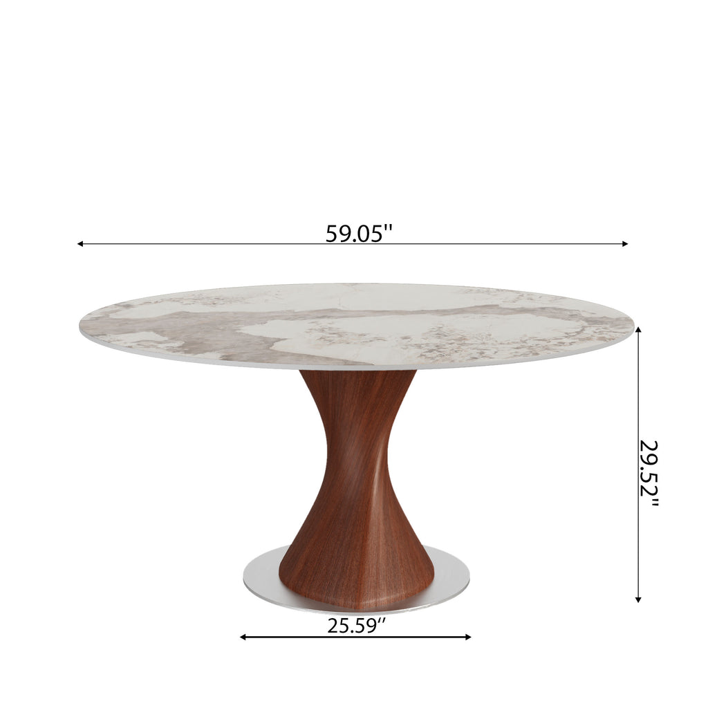Verona Red Walnut Solid Wood Pedestal Round Dining Table With Pandora Glossy Stone Top - image 7