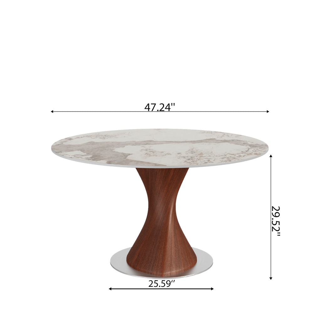 Verona Red Walnut Solid Wood Pedestal Round Dining Table With Pandora Glossy Stone Top - image 5