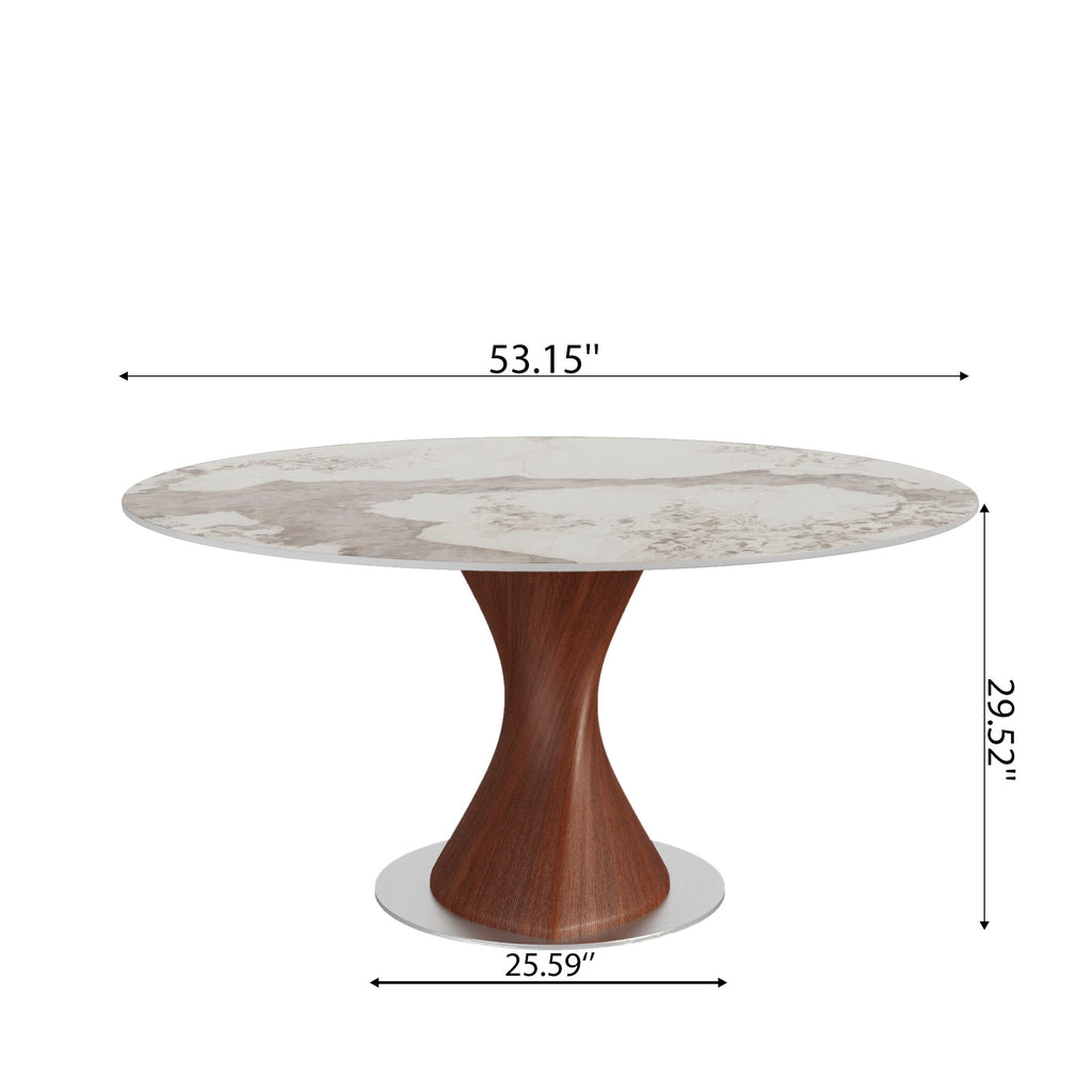 Verona Red Walnut Solid Wood Pedestal Round Dining Table With Pandora Glossy Stone Top - image 6
