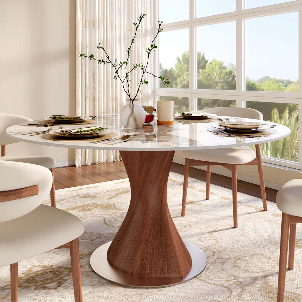Verona Red Walnut Solid Wood Pedestal Round Dining Table With Pandora Glossy Stone Top - 59.05'' W X 59.05'' D X 29.53'' H - image 0