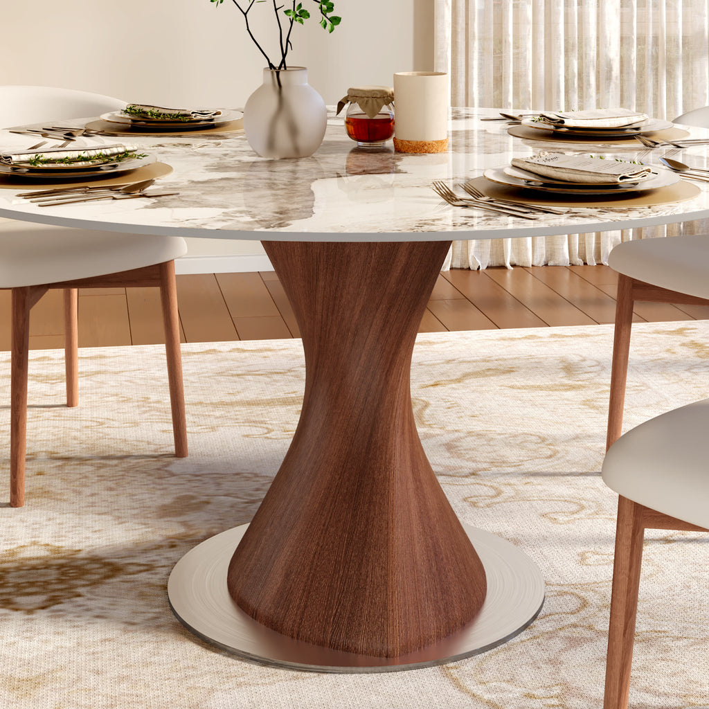 Verona Red Walnut Solid Wood Pedestal Round Dining Table With Pandora Glossy Stone Top - image 2