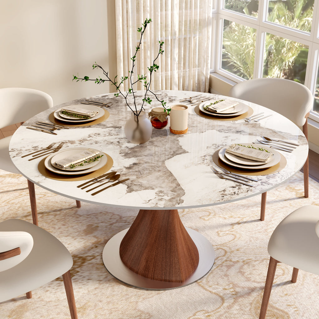 Verona Red Walnut Solid Wood Pedestal Round Dining Table With Pandora Glossy Stone Top - image 4