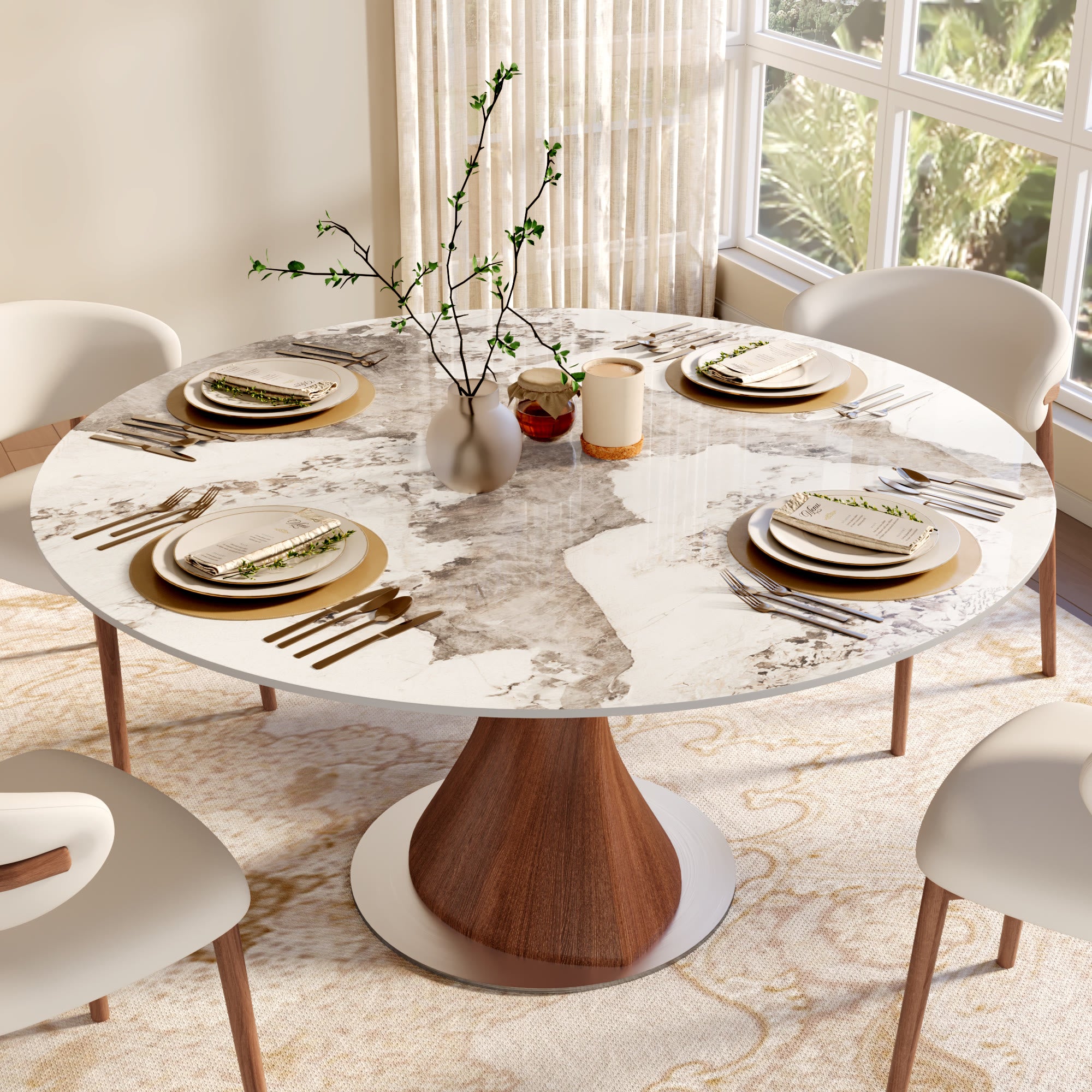 Verona Red Walnut Solid Wood Pedestal Round Dining Table With Pandora Glossy Stone Top - image 4