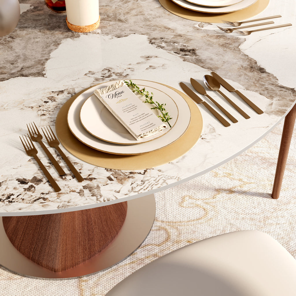 Verona Red Walnut Solid Wood Pedestal Round Dining Table With Pandora Glossy Stone Top - image 8
