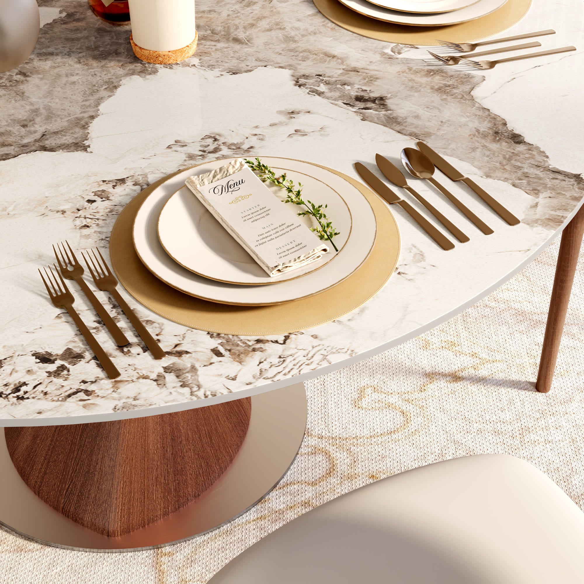 Verona Red Walnut Solid Wood Pedestal Round Dining Table With Pandora Glossy Stone Top - image 8