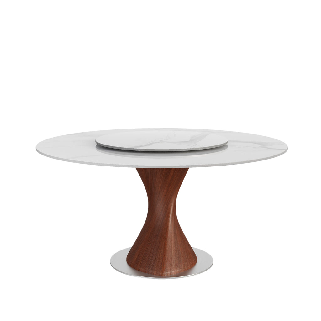Verona Red Walnut Solid Wood Pedestal Round Dining Table With White Glossy Stone Top And Removable Lazy Susan - image 1