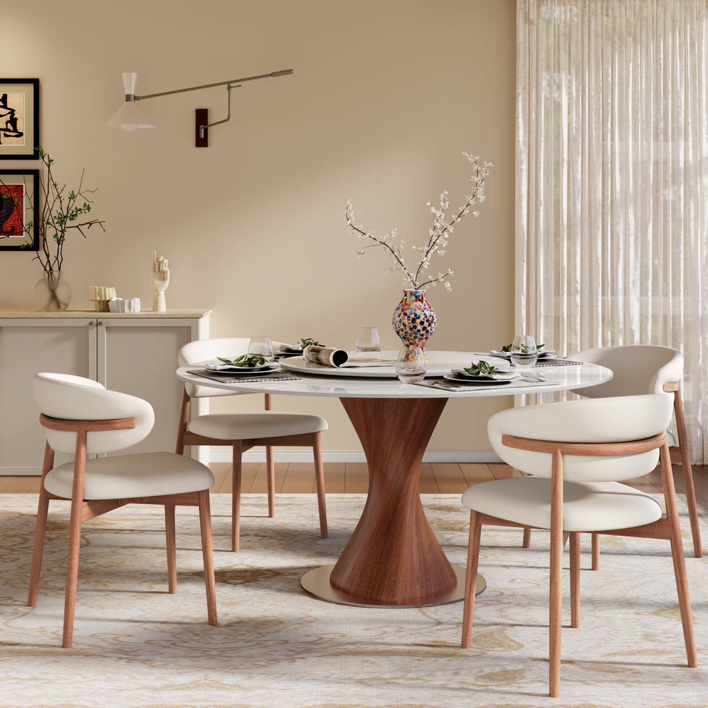 Verona Red Walnut Solid Wood Pedestal Round Dining Table With White Glossy Stone Top And Removable Lazy Susan - image 3