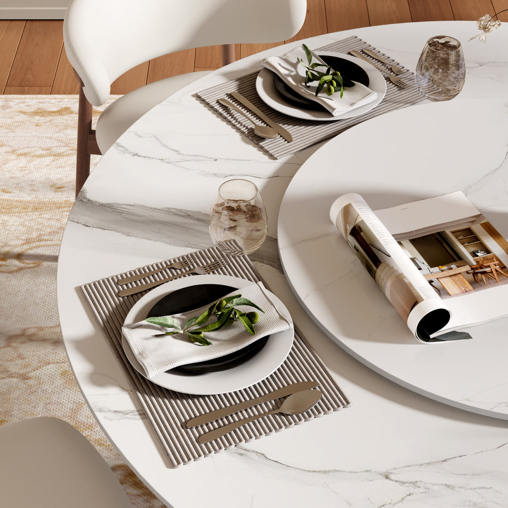 Verona Red Walnut Solid Wood Pedestal Round Dining Table With White Glossy Stone Top And Removable Lazy Susan - image 7