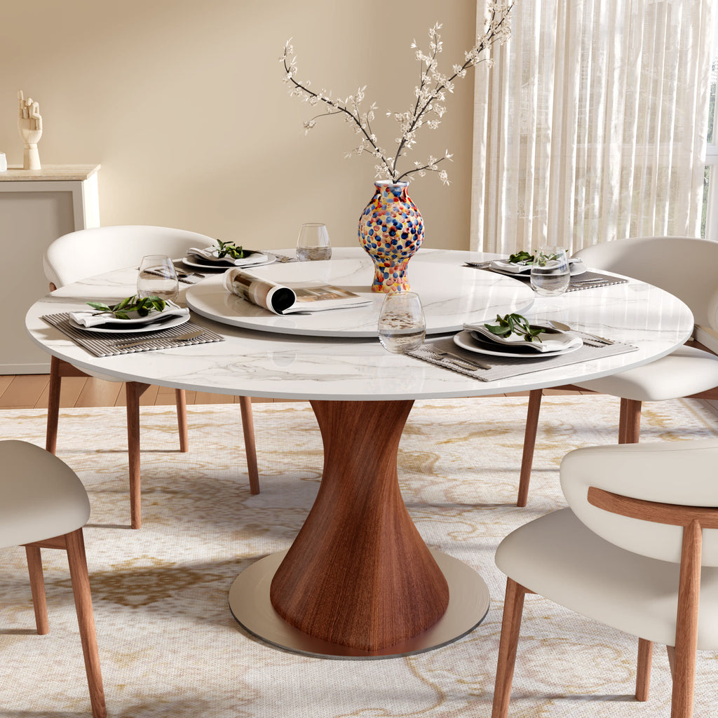 Verona Red Walnut Solid Wood Pedestal Round Dining Table With White Glossy Stone Top And Removable Lazy Susan - 59.05'' W X 59.05'' D X 29.53'' H - image 0
