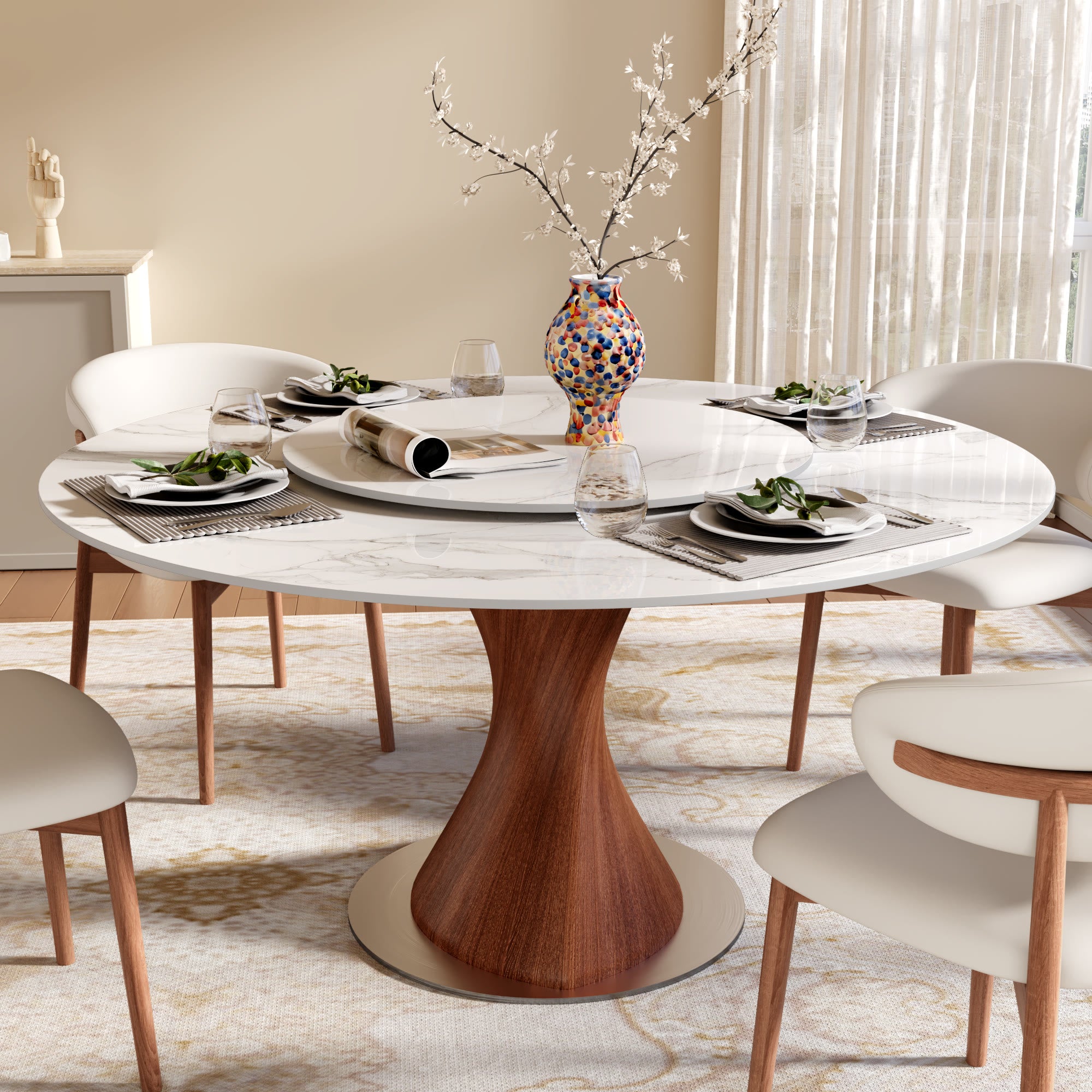 Verona Red Walnut Solid Wood Pedestal Round Dining Table With White Glossy Stone Top And Removable Lazy Susan - 59.05'' W X 59.05'' D X 29.53'' H - image 0