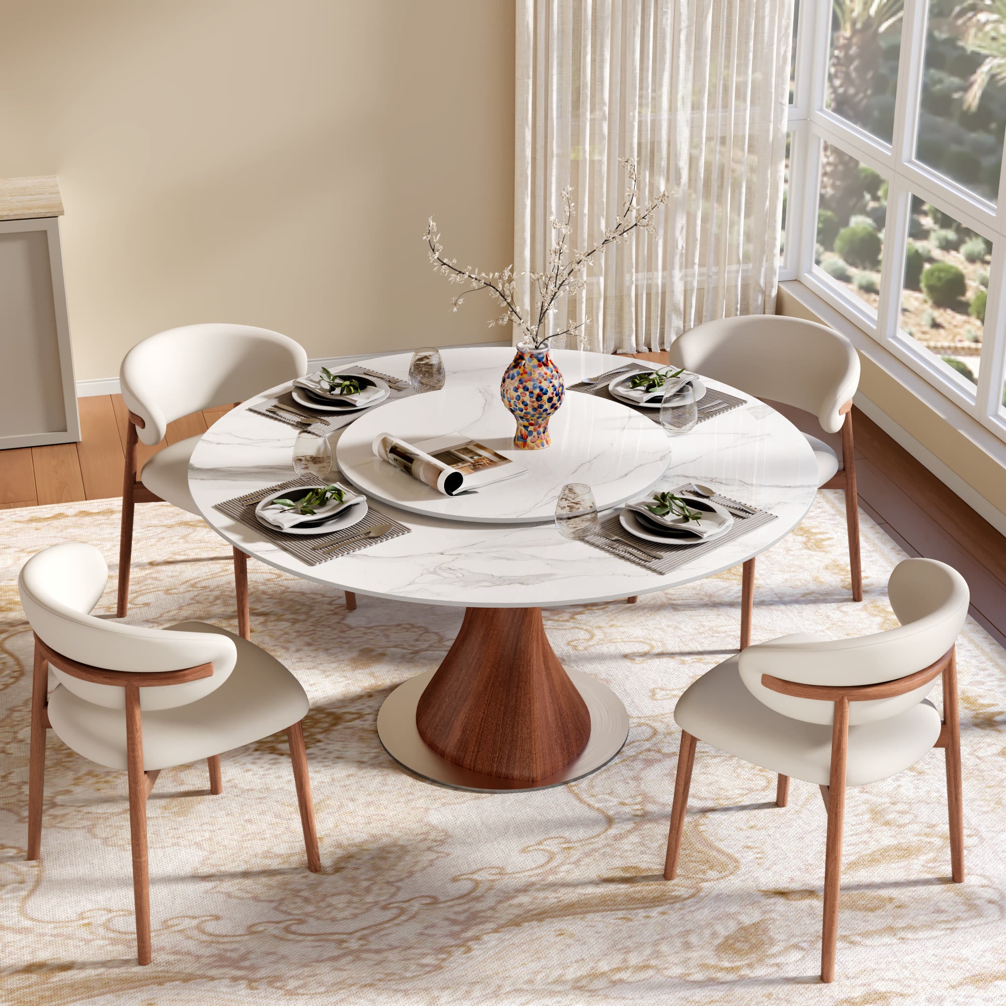 Verona Red Walnut Solid Wood Pedestal Round Dining Table With White Glossy Stone Top And Removable Lazy Susan - image 4
