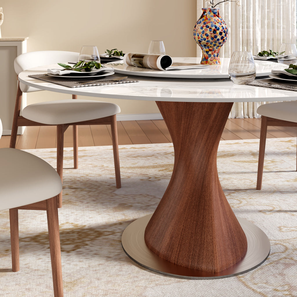 Verona Red Walnut Solid Wood Pedestal Round Dining Table With White Glossy Stone Top And Removable Lazy Susan - image 2