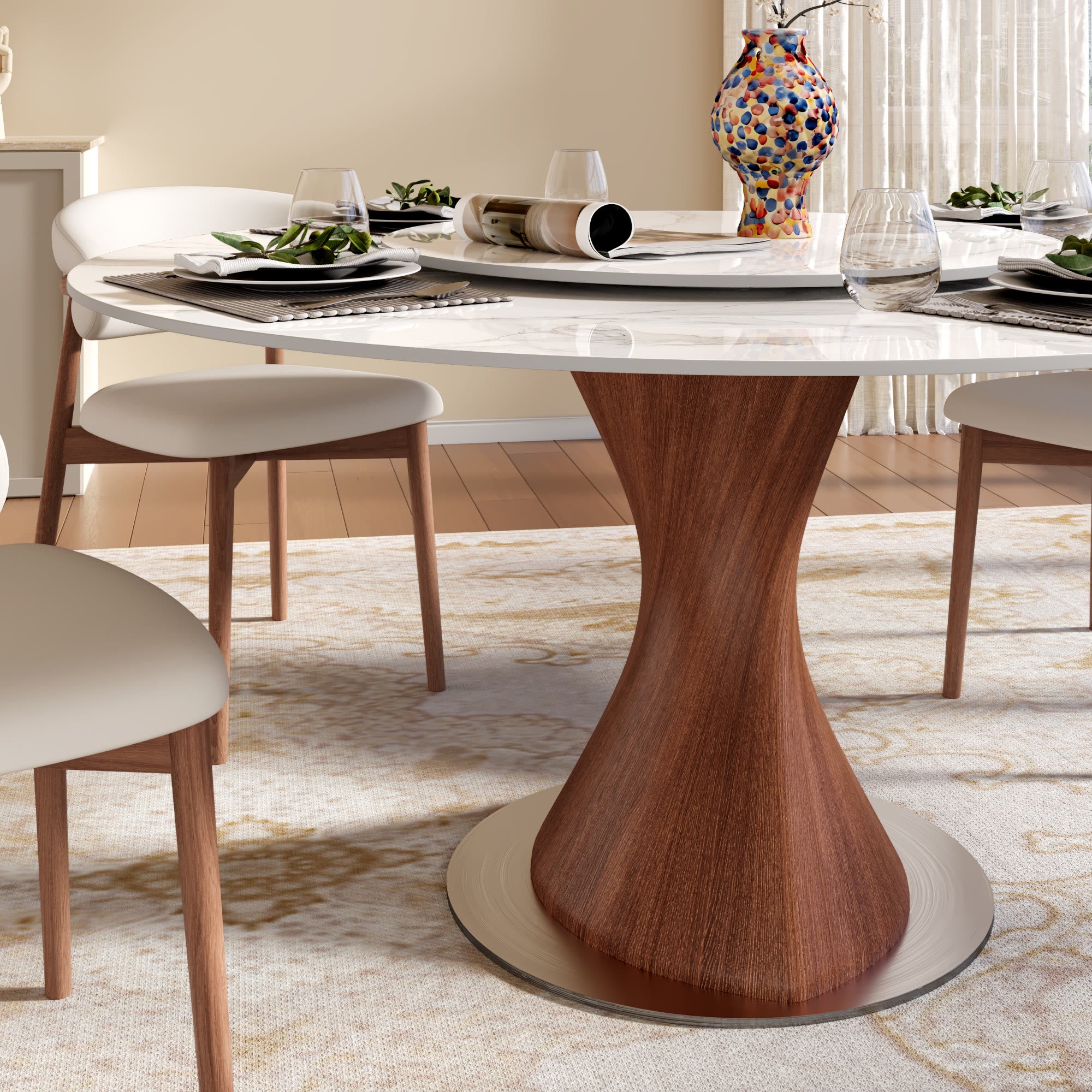 Verona Red Walnut Solid Wood Pedestal Round Dining Table With White Glossy Stone Top And Removable Lazy Susan - image 2