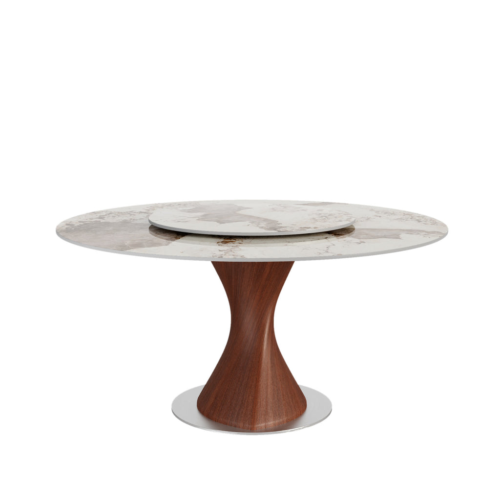 Verona Red Walnut Solid Wood Pedestal Round Dining Table With Pandora Glossy Stone Top And Removable Lazy Susan - image 1