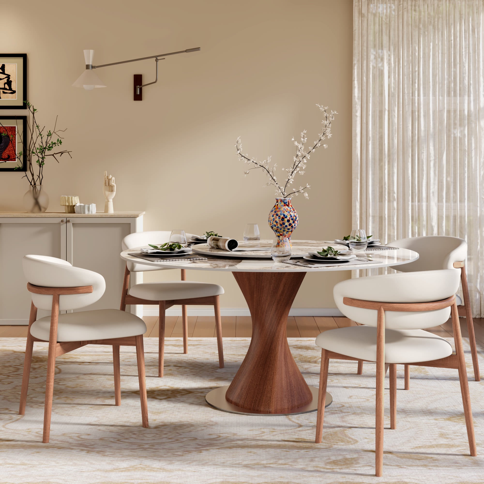 Verona Red Walnut Solid Wood Pedestal Round Dining Table With Pandora Glossy Stone Top And Removable Lazy Susan - image 3