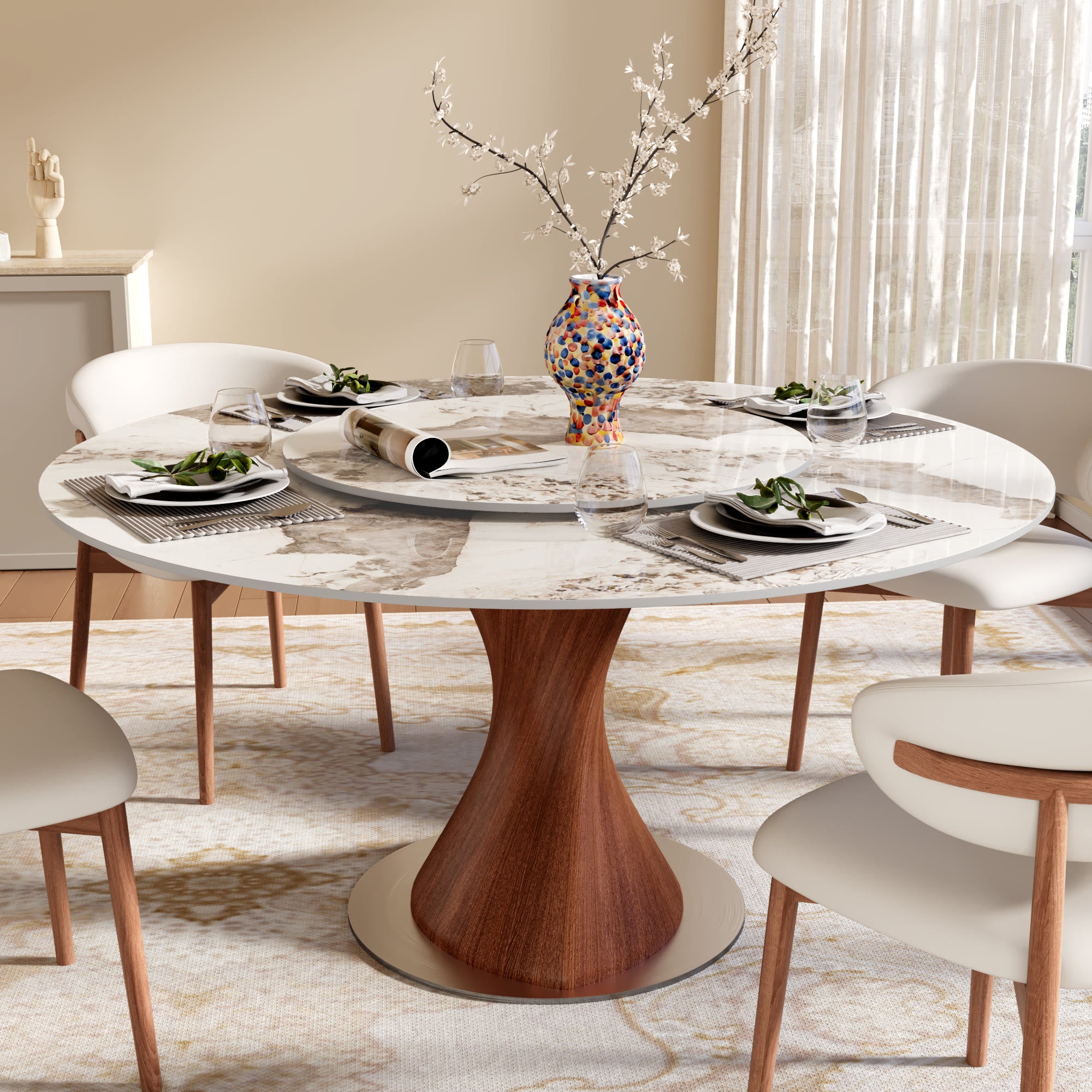 Verona Red Walnut Solid Wood Pedestal Round Dining Table With Pandora Glossy Stone Top And Removable Lazy Susan - 59.05'' W X 59.05'' D X 29.53'' H - image 0
