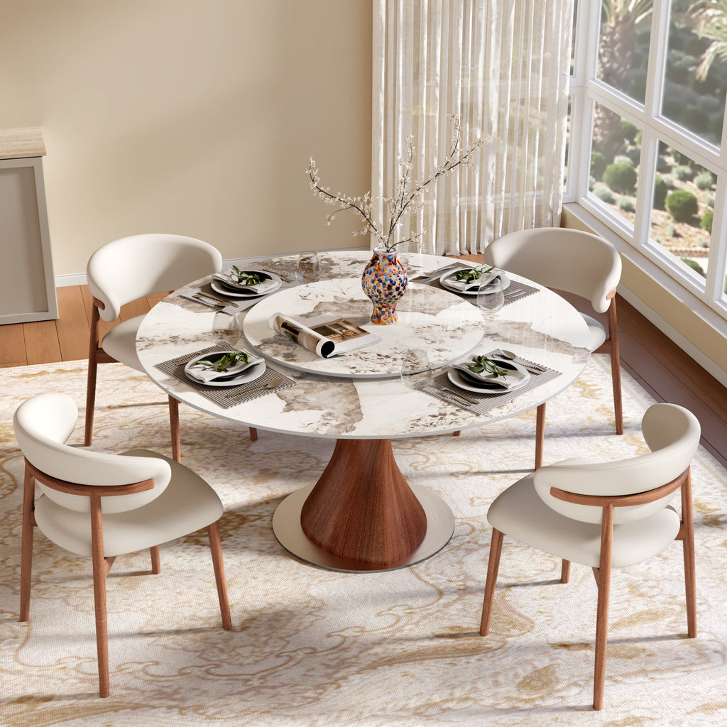 Verona Red Walnut Solid Wood Pedestal Round Dining Table With Pandora Glossy Stone Top And Removable Lazy Susan - image 4