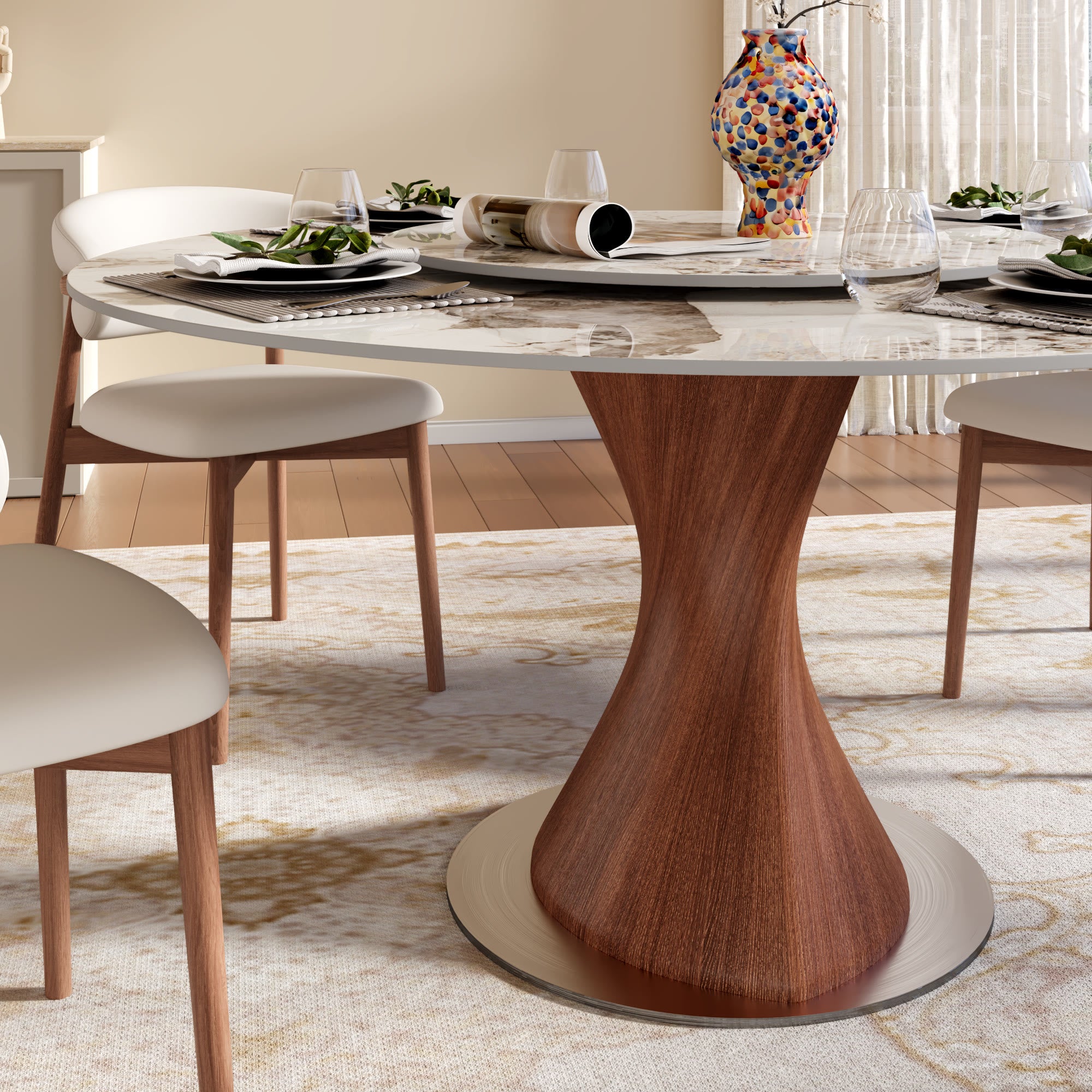Verona Red Walnut Solid Wood Pedestal Round Dining Table With Pandora Glossy Stone Top And Removable Lazy Susan - image 2